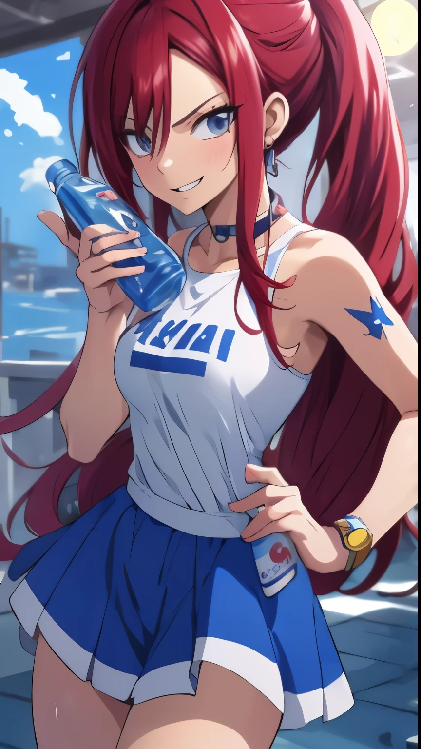 anime girl with red hair and blue shorts holding a bottle of water, Erza Scarlet como uma pessoa real, [ arte digital 4k ]!!,  anime drinks energy drink, garota anime sedutora,  apta, estilo anime 4k, 4K manga wallpaper, trabalhando fora, arte digital detalhada de anime, garota de anime atraente, muscular!, Papel de parede de anime 4K