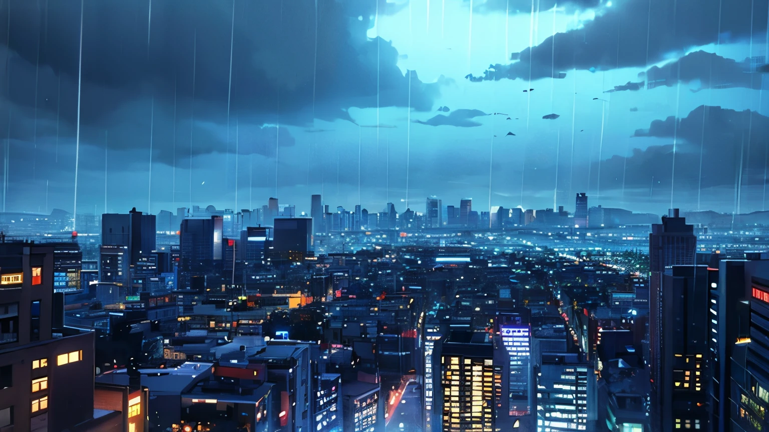 Rainy city, seen from afar at night