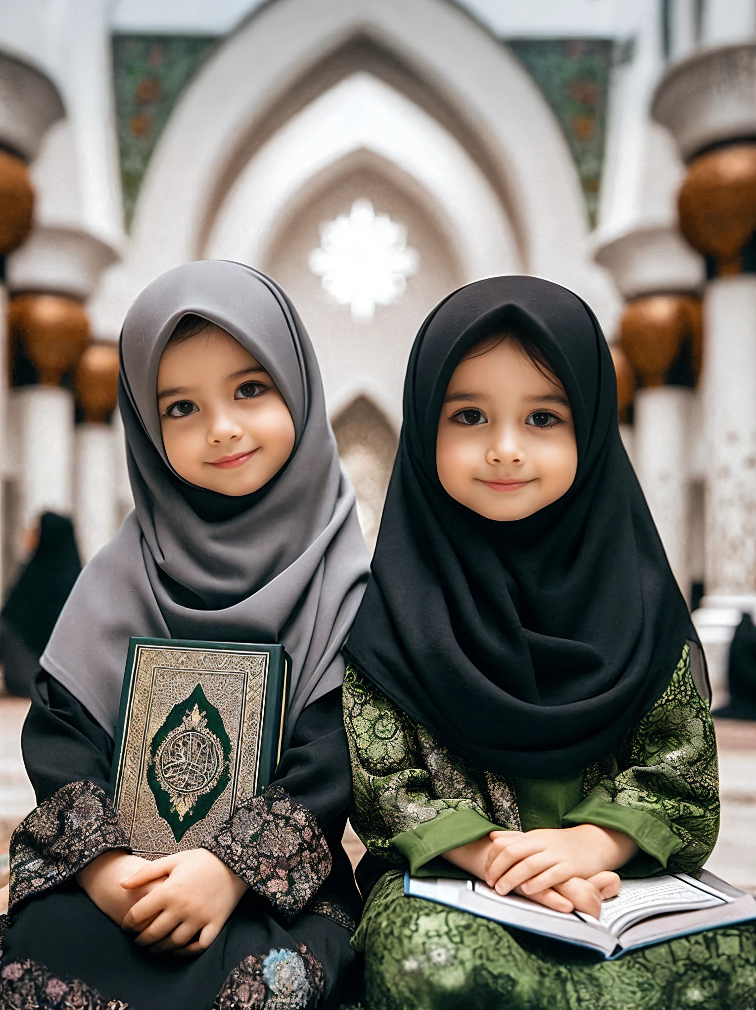 two young girls sitting on the ground with a book, beautiful faces, beautiful girls, sisters, cute and lovely, lovely and cute, beautiful image, muslim, beautifully symmetrical, perfect expression, modest, modest!, gorgeous faces, beautiful features, background is heavenly, with a twin, hijab, beautiful depiction, twins, full of expressions, beautiful, adorable, islamic