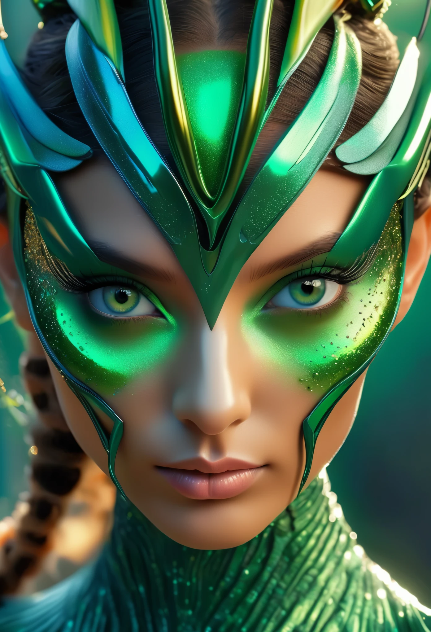 (best quality,4k,8k,highres,masterpiece:1.2),ultra-detailed,(photorealistic,photo-realistic:1.37),A beautiful female with compound eyes that look like the eyes of a praying mantis,futuristic,hi-tech,natural-looking skin,emerald-green compound eyes,exquisite,detailed face features,piercing eyes,long eyelashes and sharp angles,sculptural facial structure,innovative fashion style,metallic,shimmering make-up,glowing eyeliner,ornate futuristic jewelry,elaborate headpiece,feathers and metallic elements,ethereal background with floating holographic particles,controlled lighting with soft highlights,bluish-green color scheme,otherworldly atmosphere.