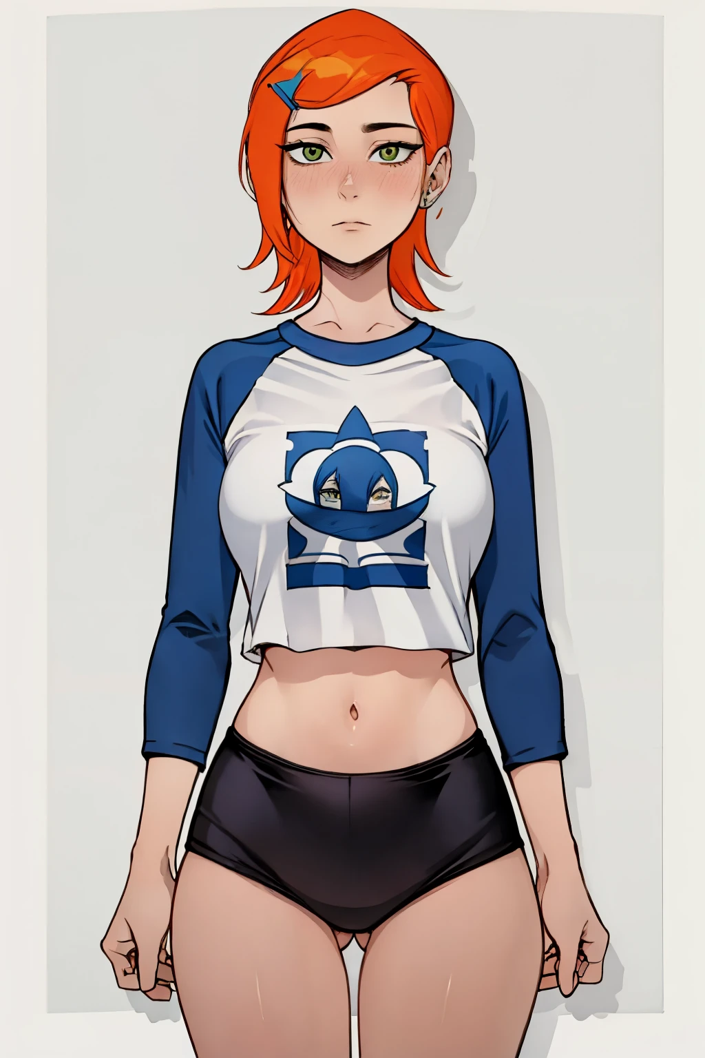 (obra maestra, Mejor calidad), 1 chica, Hermoso rostro, gwendolyn_Tennyson, tiro medio, parte superior del cuerpo, cara detallada, mangas largas, Raglan manga, ,Camisa multicolor, graphic shirt, tetas grandes
