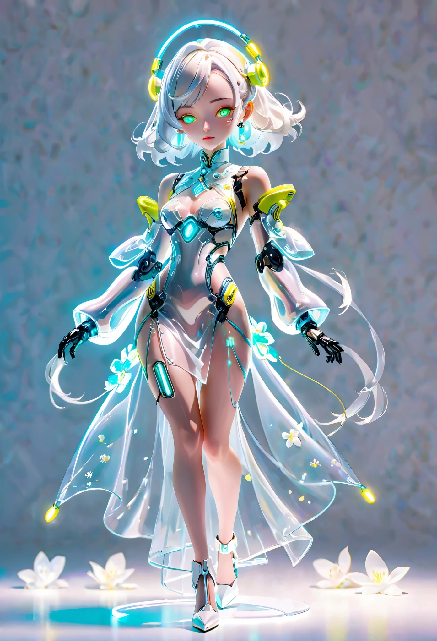 (Blind Box Spielzeug Stil:1.2),full body, solo,white background,(A female robot in a transparent white jasmine dress, wearing gloves and high heels),(Chinese color,Very colorful), Cyberpunk, Dreamy Glow, Luminous neon lamp, 3D