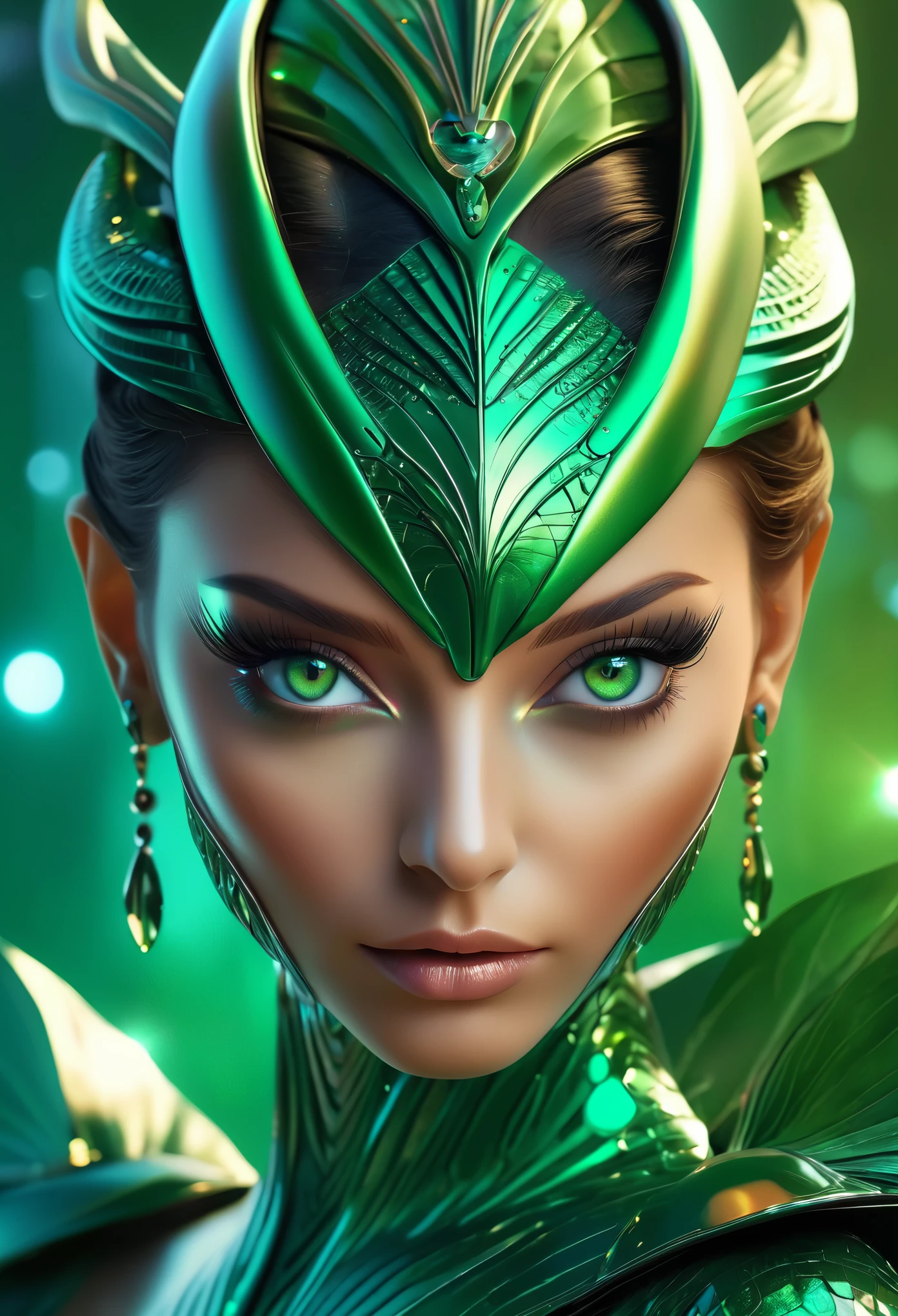 (best quality,4k,8k,highres,masterpiece:1.2),ultra-detailed,(photorealistic,photo-realistic:1.37),A beautiful female with compound eyes that look like the eyes of a praying mantis,futuristic,hi-tech,natural-looking skin,emerald-green compound eyes,exquisite,detailed face features,piercing eyes,long eyelashes and sharp angles,sculptural facial structure,innovative fashion style,metallic,shimmering make-up,glowing eyeliner,ornate futuristic jewelry,elaborate headpiece,feathers and metallic elements,ethereal background with floating holographic particles,controlled lighting with soft highlights,bluish-green color scheme,otherworldly atmosphere.