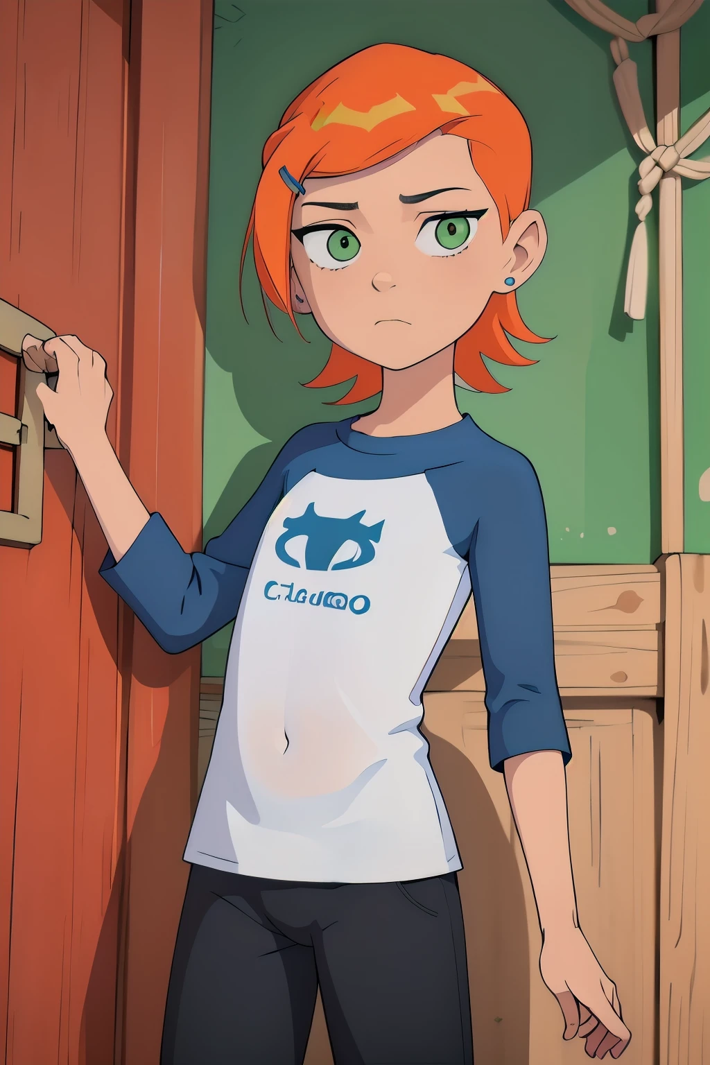 (Obra maestra, Mejor calidad), 1 chica, claasicgwen,solo,pelo naranja,cabello corto,Ojos verdes ,camisa azul,raglan sleeves,mangas largas,pantalones blancos, hentai, sex