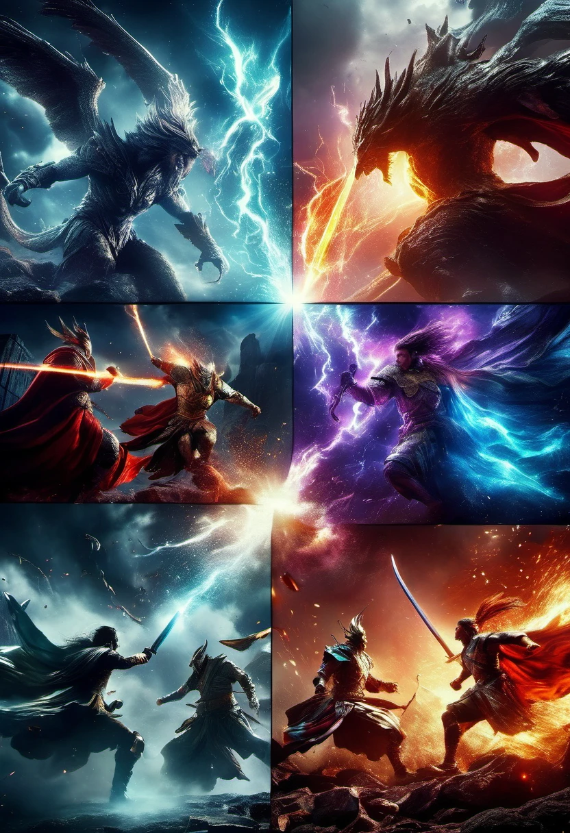 a dramatic final showdown,fierce battle between good and evil,dark and intense atmosphere,heroes and villains fighting,high-stakes conflict and confrontation,impending doom and ultimate triumph,epic cinematic quality,powerful and dynamic fight scenes,heroic characters in action-packed poses,explosions and special effects, intense energy and adrenaline rush,the clash of swords and magical powers,moment of truth and decisive victory,breathtaking visual composition and composition,strong sense of tension and anticipation,emotional and impactful storytelling,rousing and epic soundtrack,celebration of bravery and sacrifice,celebration of heroism and justice,unforgettable  and resolution, 

(best quality,4k,8k,highres,masterpiece:1.2),ultra-detailed,(realistic,photorealistic,photo-realistic:1.37),cinematic lighting, vibrant colors and contrasts,dramatic shadows and highlights, dynamic camera angles and perspectives,immersive and realistic special effects,mesmerizing and immersive background details,impressive attention to detail and textures,heroic and iconic character designs,grand and majestic set designs,explosions and particle effects, adrenaline-fueled action and movement,expression of emotion and determination,atmospheric and intense ambiance,stunning visual effects and composition,

concept artists, epic storytelling, heroic fantasy battle, legendary warriors, mythical creatures, magic and sorcery, ancient ruins and artifacts, mythical beasts and monsters, vibrant and dynamic battle scenes, fantastical landscapes,

bold and vibrant color scheme, dark and brooding tones, dynamic lighting and shadows, dramatic and moody ambiance, ethereal and mystical atmosphere, fiery and intense color palette, contrast between light and darkness, intense and saturated colors, dynamic and contrasted lighting,

cinematic lighting, dramatic shadows and highlights, dynamic camera angles and perspectives, immersive and realistic special effects, mesmerizing and immersive backgroun