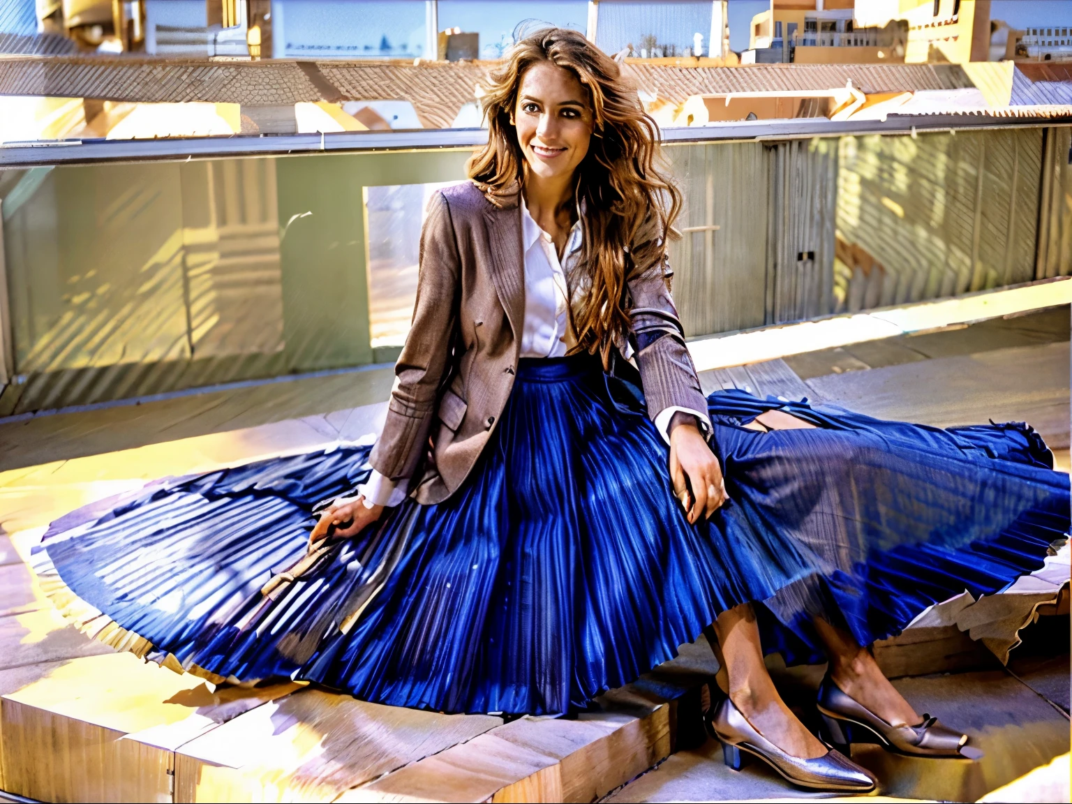 A smiling, authentic, (shy:1,3), kind, beautiful woman, is passionately in love with her skirt, sitting down on the ground while wind lifts her skirt, wearing short blazer and very, very detailed (long (fully pleated) full circle skirt) and (low heeled court shoes), very, very intricate hyper-detailed symmetric (attractive graceful young feminine face) with (sad, tired eyes and a loving smile), very voluptuous breasts, full of empathy and compassion and love, (pronounced (feminine) features), (highly detailed ultra accurate realistic) hands and fingers, (windy), epic composition, highly detailed attributes, (35mm f1.4 Kodak portra 400 photograph), extremely high quality RAW photograph, highly detailed atmosphere, sci-fi, cinematic shot, dynamic lighting, 75mm, Technicolor, Panavision, cinemascope, sharp focus, fine details, 8k, HDR, realism, realistic, key visual, film still, superb cinematic color grading, depth of field