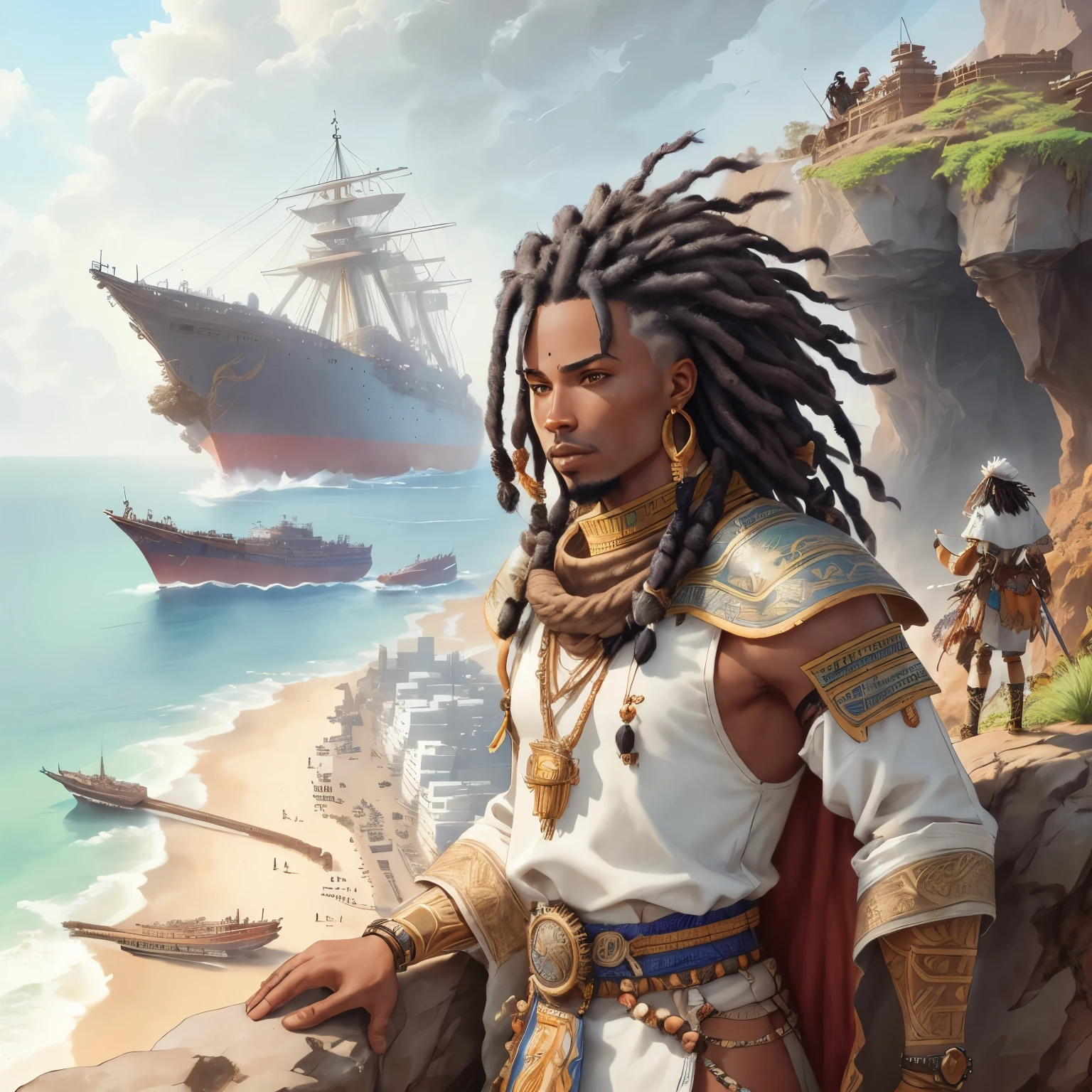 a African warrior with dreadlocks, standing on a cliff at the coast of ghana, looking at ships sealing away, Watercolor, trending on artstation, sharp focus, studio photo, intricate details, highly detailed, by greg rutkowski, Watercolor, trending on artstation, sharp focus, studio photo, intricate details, highly detailed, by greg rutkowski