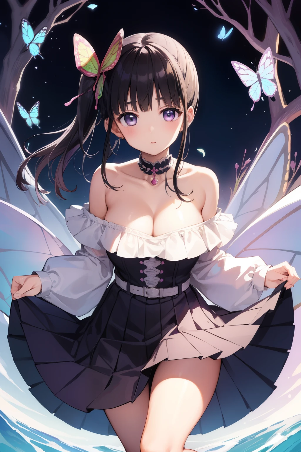 ultra-detailliert、girl1、top-quality、Masterpiece、Tsuyuri Kanao A dark-haired、Blunt bangs、butterfly hair ornament off shoulders、skirt by the cleavage of the breast、Soft thighs、shoulder、clavicle Background with、Butterfly House