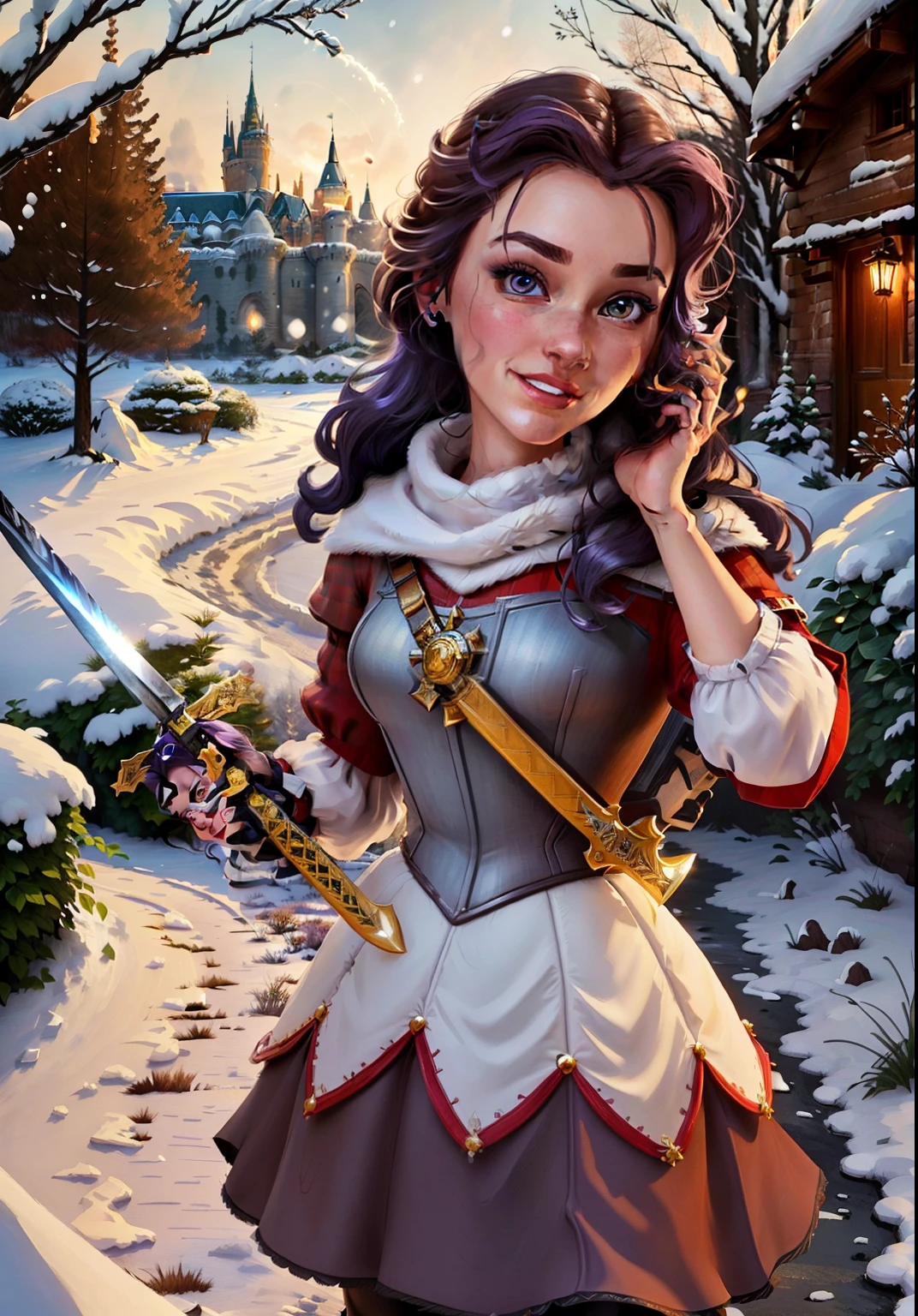 (BelleWaifu:1), (knight's armor:1), garden in the background, surprised, cute, cute pose, looking at the viewer, (hairstyle square), (purple hair), (red skirt:1.2), (holding a sword in his hand:1.2), :D, (realistic: 1), (cartoon), (masterpiece: 1.2), (best quality), (overly detailed), (8k, 4k, intricate), (full-length Frame: 1), (cowboy frame: 1.2), (85 mm), light particles, lighting, (very detailed: 1.2), (detailed face: 1.2), (gradients), sfw, colorful, (detailed eyes: 1.2), (detailed winter landscape, snow trees, garden, Castle:1.2),(detailed background), detailed landscape, (dynamic angle: 1.2), (dynamic pose:1.2), (rule third_composition:1.3), (line of action:1.2), Wide view, Daylight, Solo