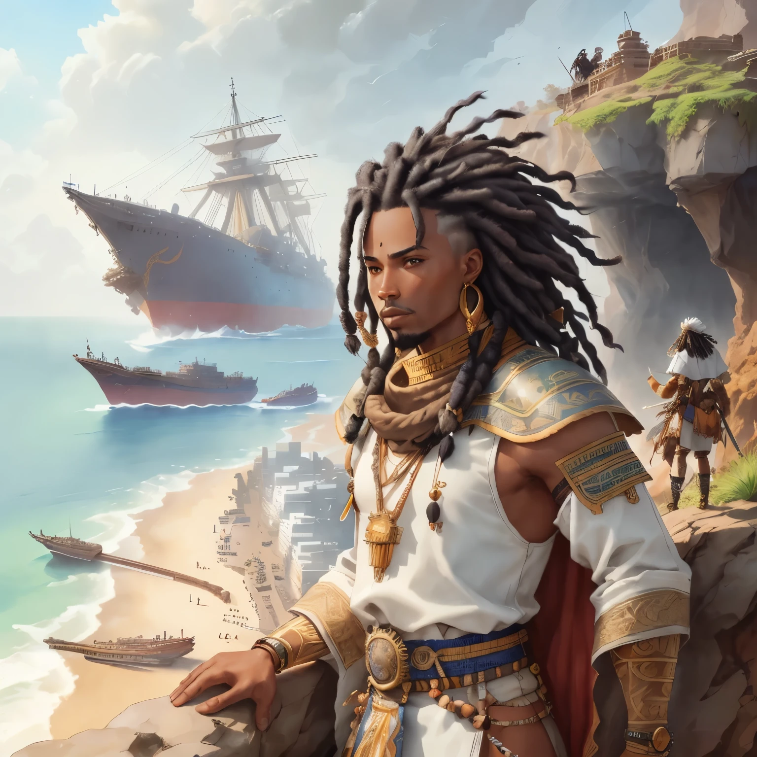 a African warrior with dreadlocks, standing on a cliff at the coast of ghana, looking at small ships sealing away, Watercolor, trending on artstation, sharp focus, studio photo, intricate details, highly detailed, by greg rutkowski, Watercolor, trending on artstation, sharp focus, studio photo, intricate details, highly detailed, by greg rutkowski