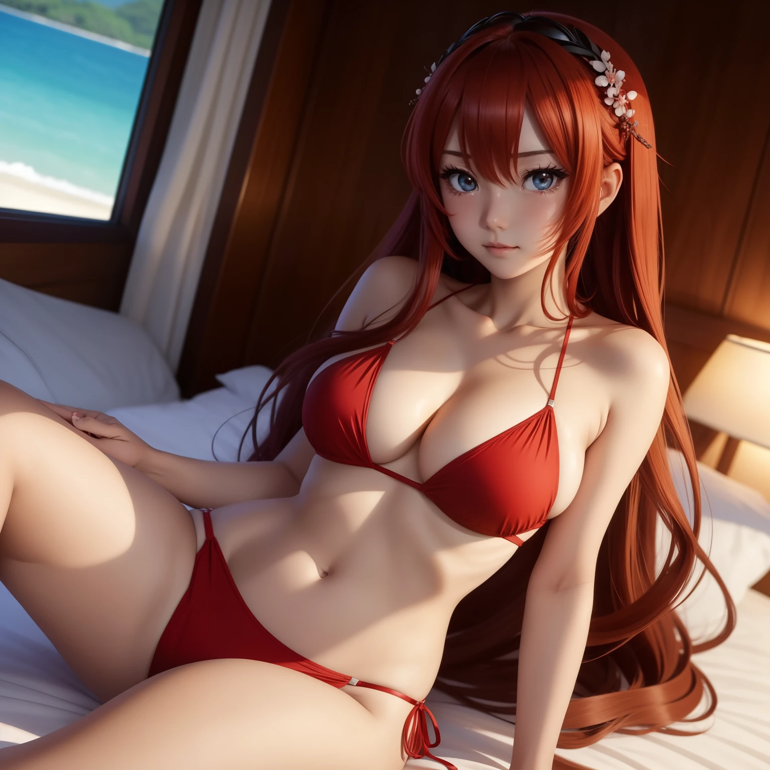 anime goddess, reclining in bed,in a bikini,Big teary eyes looked at me.,bare shoulders,Be red in the face,shy,Medium-long hair,I look at the viewer,rhonchi,medium breasts