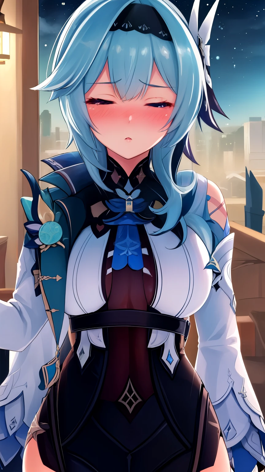 (best quality), (masterpiece), (highres), (depth of field), extremely detailed girl, illustration, sharp focus, 1 girl, solo,(sharp focus), simple background, eula (genshin impact), blue hair, embarrassed, blush  face focus, close up, both eyes closed, night time, def1