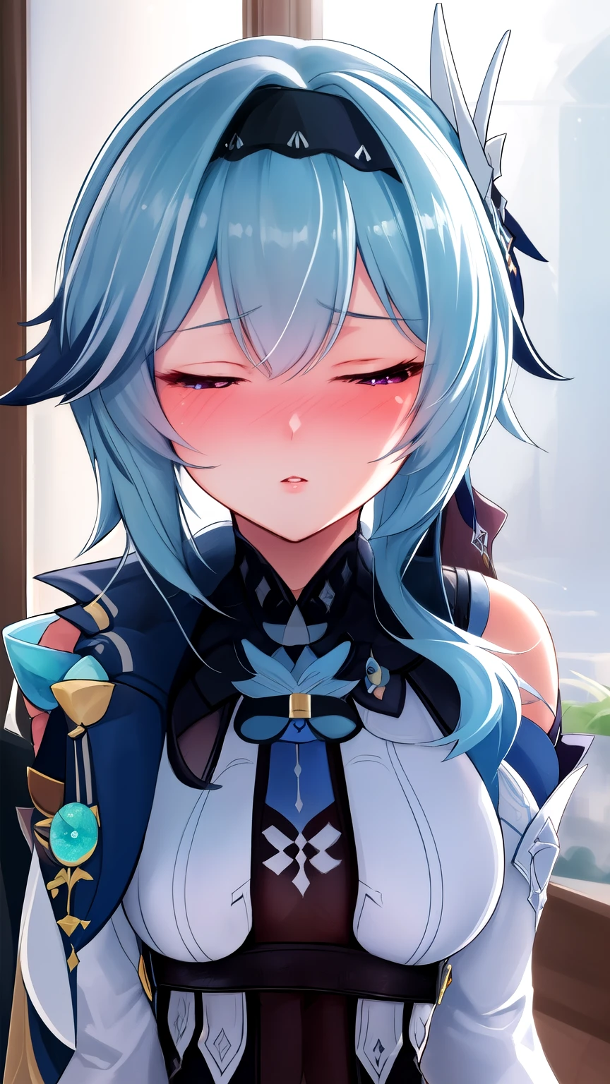 (best quality), (masterpiece), (highres), (depth of field), extremely detailed girl, illustration, sharp focus, 1 girl, solo,(sharp focus), simple background, eula (genshin impact), blue hair, embarrassed, blush face focus, close up, both eyes closed, night time, def1
