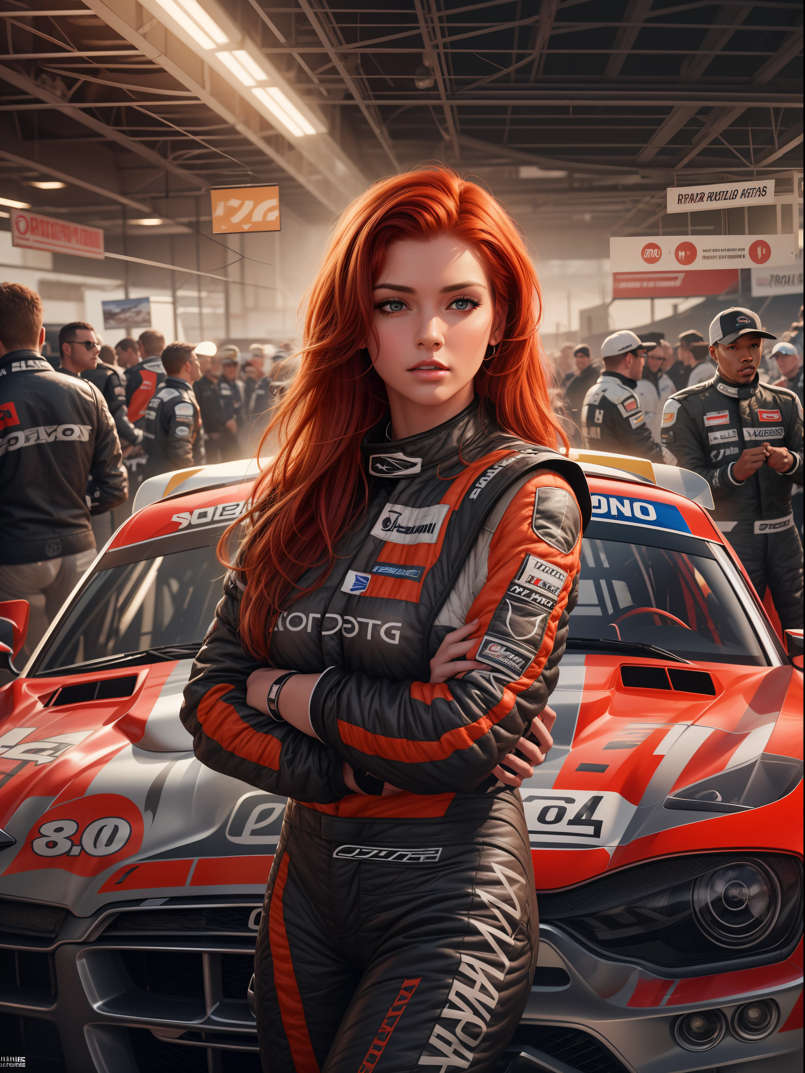 Une illustration numérique photo-réaliste d'une magnifique pilote de rallye à tête rouge dans une suite de course officielle, detailed face, stands next to his badass ((voiture de rallye)), chef-d'work of'art professionnel hyper réaliste de Don Lawrence, insanely detailed and intricate, volumetric lighting, Étalonnage professionnel des couleurs par Kenneth Hines Jr., to l'outside on the starting lane.