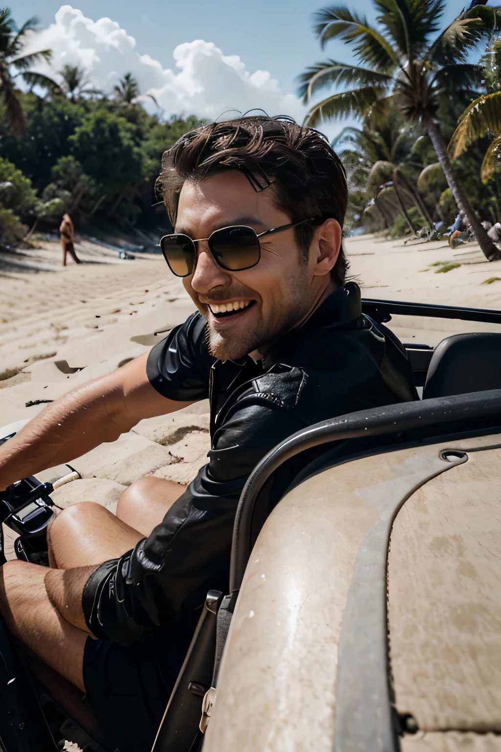 face view of caucasian adventured excited surfy man on a beach buggy car wearing black square-edge sunglasses, beach backgroud, focus on face show clearly beach buggy car