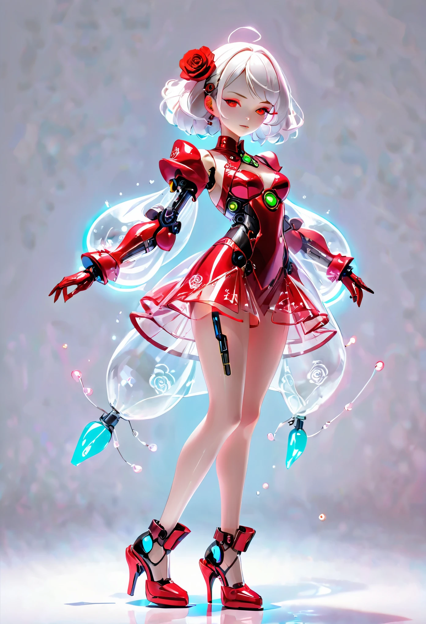 (Blind Box Spielzeug Stil:1.2),full body, solo,white background,(A female robot in a transparent red rose dress, wearing gloves and high heels),(Chinese color,Very colorful), Cyberpunk, Dreamy Glow, Luminous neon lamp, 3D