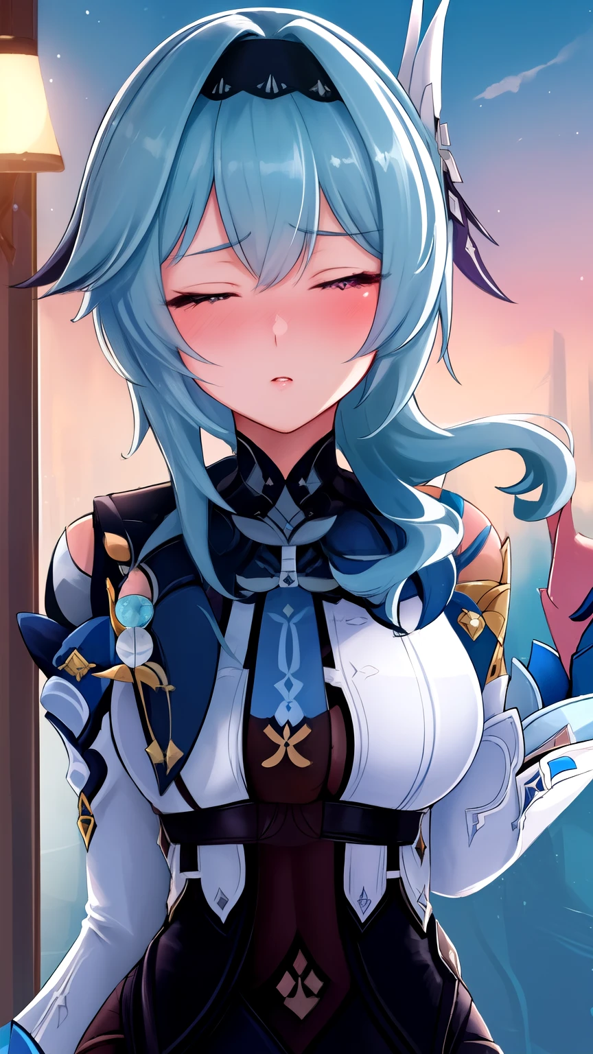 (best quality), (masterpiece), (highres), (depth of field), extremely detailed girl, illustration, sharp focus, 1 girl, solo,(sharp focus), simple background, eula (genshin impact), blue hair, embarrassed, blush  face focus, close up, both eyes closed, night time, def1