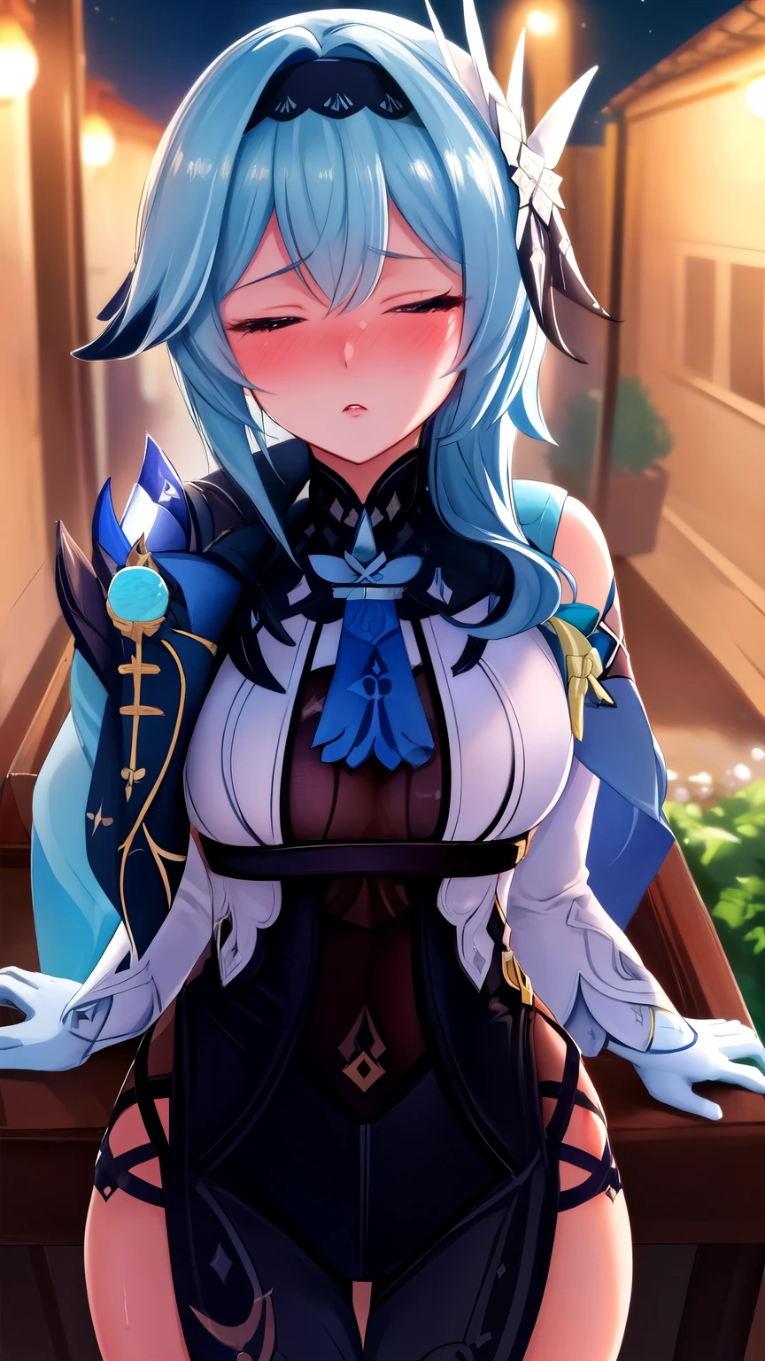 (best quality), (masterpiece), (highres), (depth of field), extremely detailed girl, illustration, sharp focus, 1 girl, solo,(sharp focus), simple background, eula (genshin impact), blue hair, embarrassed, blush  face focus, close up, both eyes closed, night time, def1