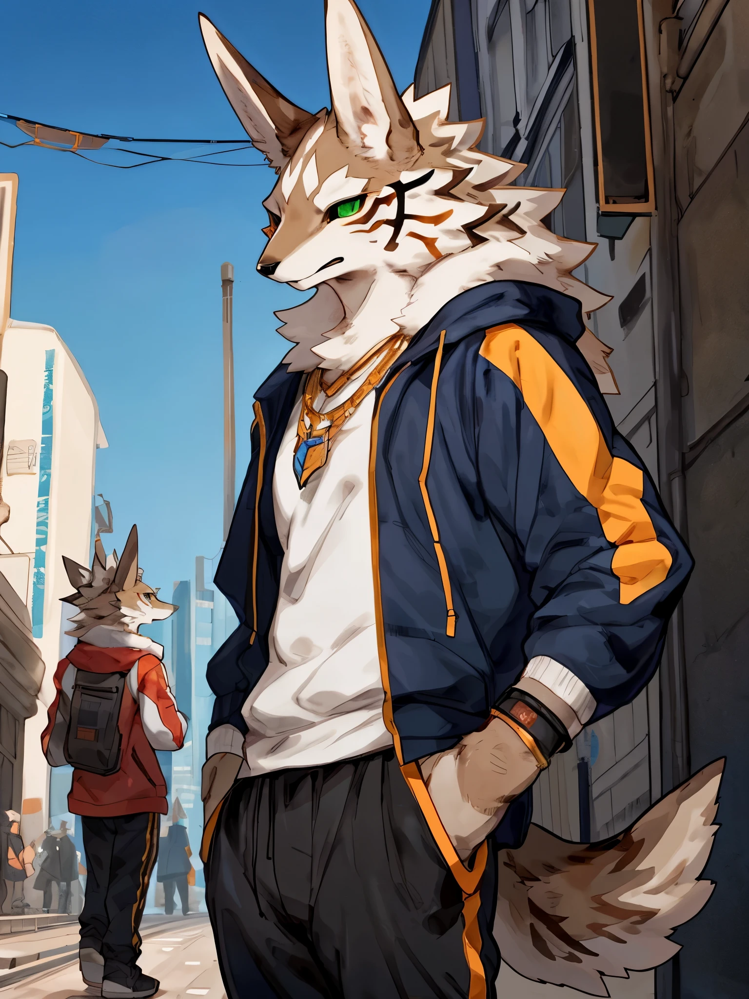 ((by Buta99, by Bebebebebe, by SpiritD, best quality, masterpiece, perfect anatomy, detailed picture)), 1male, Jackal, Seth, (Tokyo Afterschool Summoner), young, skinny muscle, green eyes, black sclera, slit pupils, light brown furs, tail, orange windbreaker, blue undershirts, dark jogger pant, big egyptian necklace, random pose, in the Tokyo street