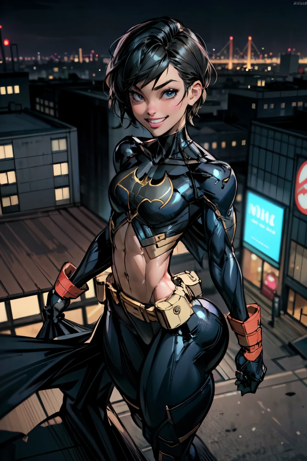 (masterpiece, best quality),1girl, solo, cassandra cain, batgirl suit, black hair, brown eyes, smile,
akihabara city, of the dead,  night,  from above, STANDING rooftop, neon sign, game center,(masterpiece:1.2), (best quality:1.2), perfect eyes, perfect face, volumetric lighting, abs, toned, wide hips, thick thighs, small breasts,