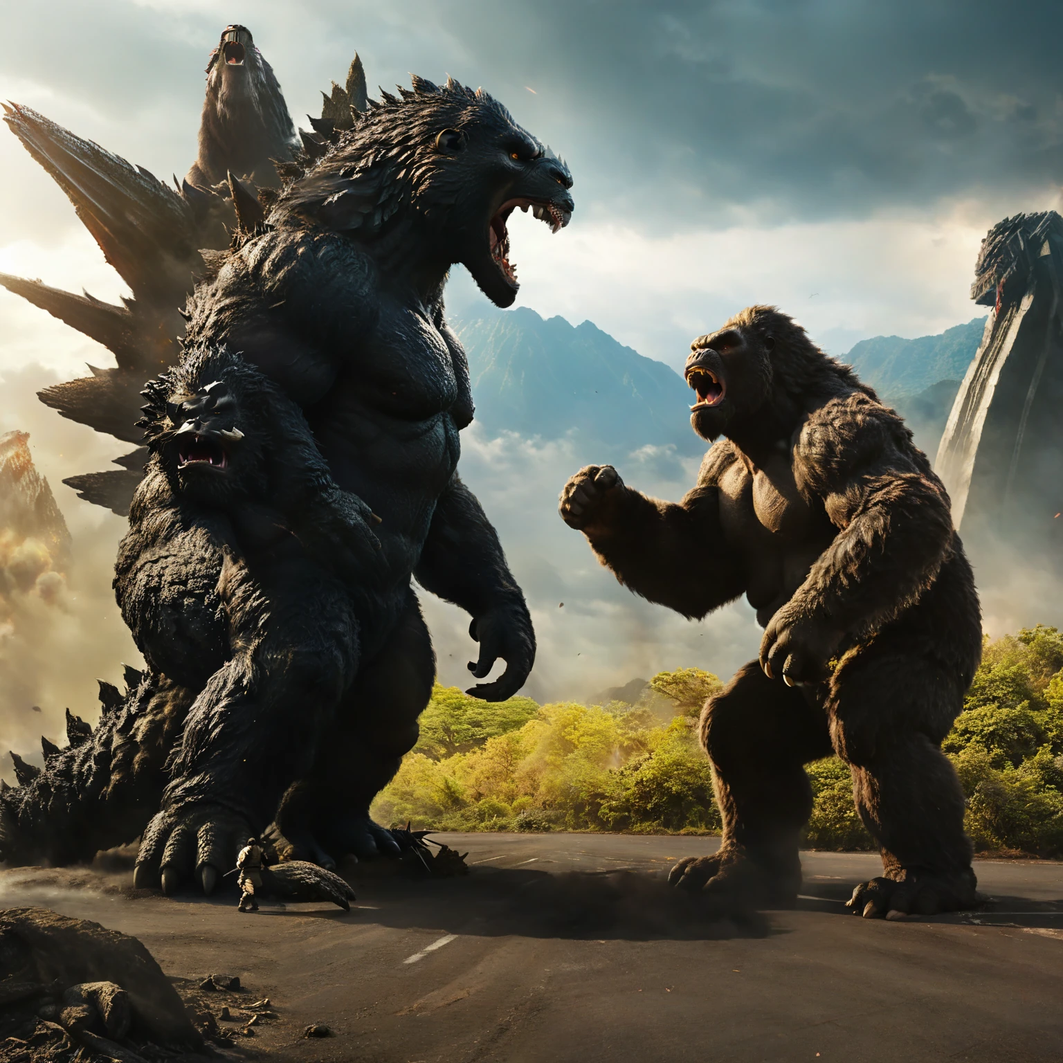 哥斯拉与King Kong在哥斯拉大战King Kong的场景中打斗, monster battle, Adam and Eve vs. Godzilla, dinosaurs and godzilla, Liam Neeson vs. Godzilla, King Kong, still from live action movie, an King Kong rage on street, 4k movie stills, 4k stills, battle, 来自King Kong骷髅岛 (2017)