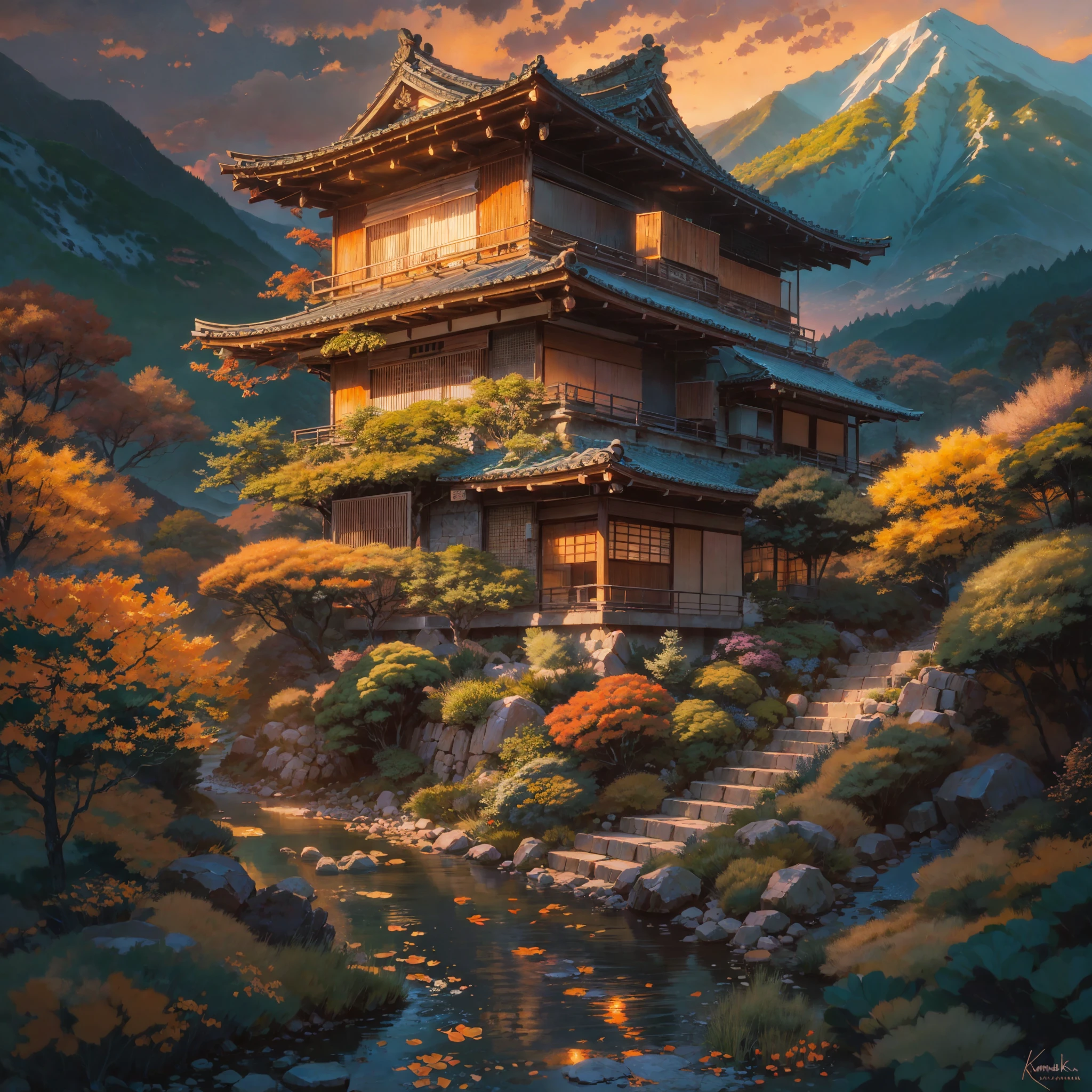 painting of a japanese house in the mountains at sunset, dojo on a mountain, beautiful place, beautiful detailed scene, japan nature, scenery art detailed, scenery artwork, japanese landscape, lush japanese landscape, 3 0, very beautiful scenery, beautiful and aesthetic, beautiful scenery, japan mountains, by Kamagurka, amazing landscape, andreas rocha style, beautiful and spectacular dusk