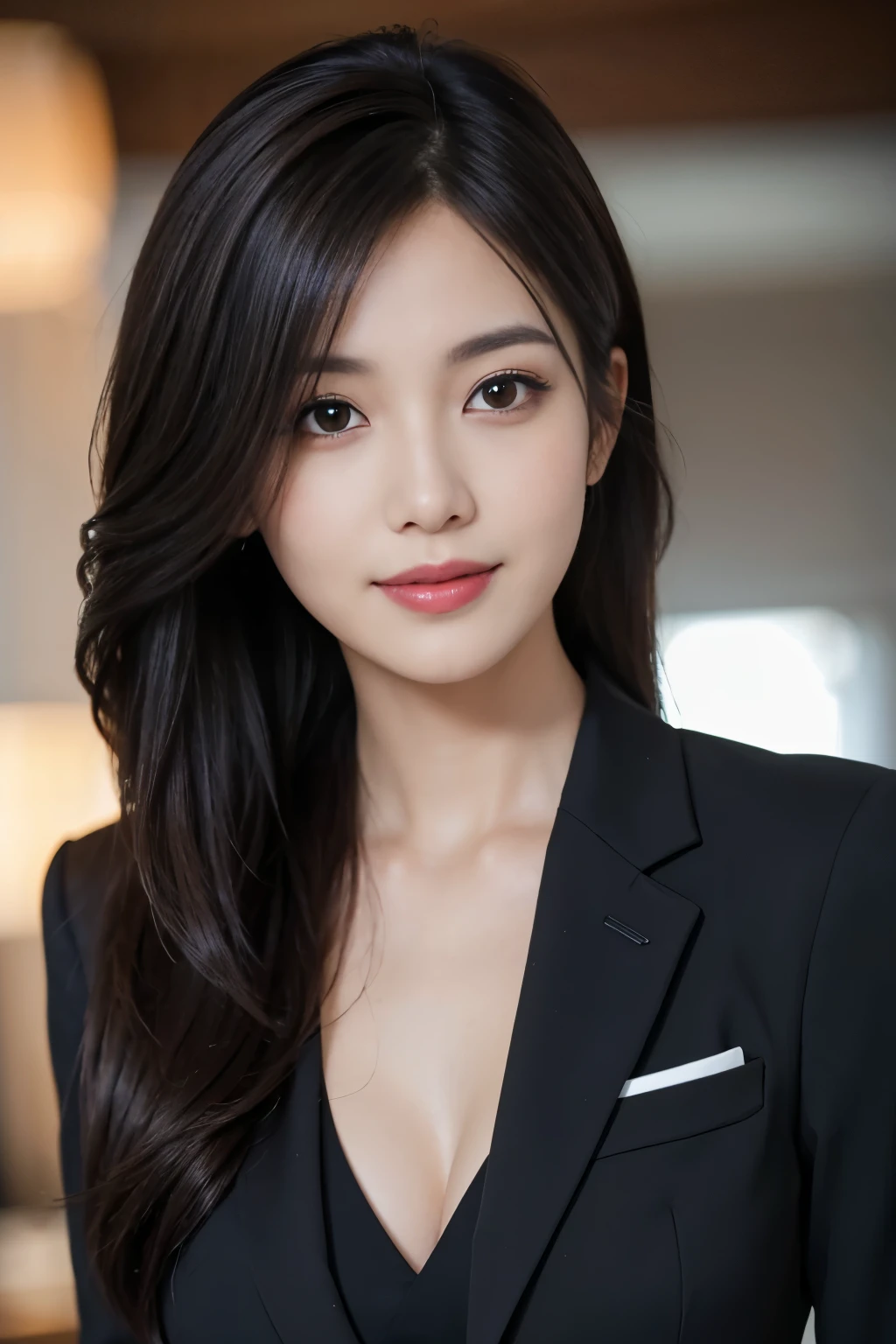 on the table, highest quality, actual, Super detailed, finely, High resolution, 8k wallpaper, 1 beautiful woman,, black messy hair, wearing a suit, sharp focus, perfect dynamic composition, finelyて美しい目, thin hair, Detailed and actual skin texture, smile, close up portrait, model diagram