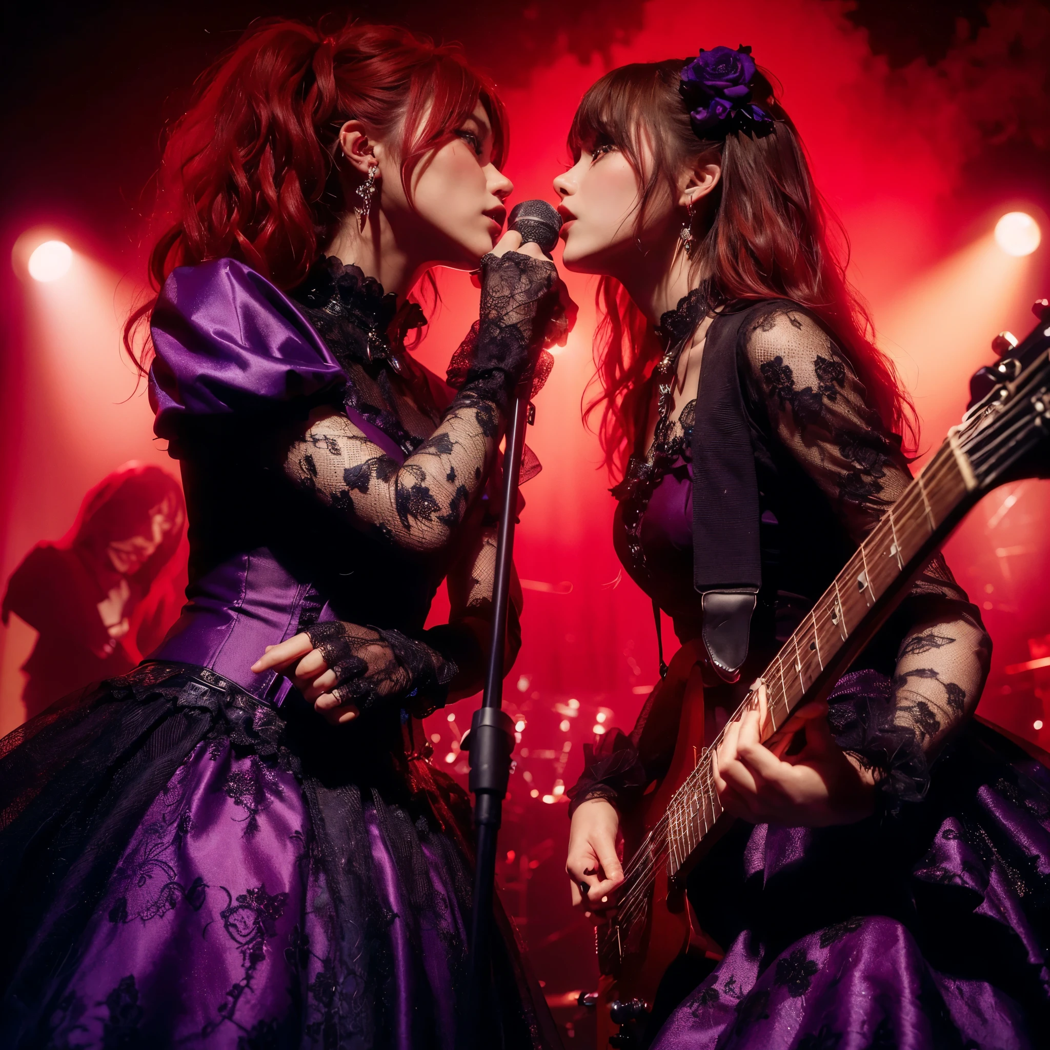 ((very sharp photo result & detailed face)) (((textile shading))) (((Best Quality))), (((masterpiece))) (((hyper realistic photo)) red-blue light mood, 2 japanese gothic style vocalist girl lip kissed, they have red wavy hairs, attractive on stage hold a microphone & guitar, wear purple gowns black lace, net stockings & boots, at dark stage with red smoke on a night concert, band member as background, dark dramatic spotlight lamp on her, taken with hasselblad camera. HDR10 8K, ((correct finger anatomy))