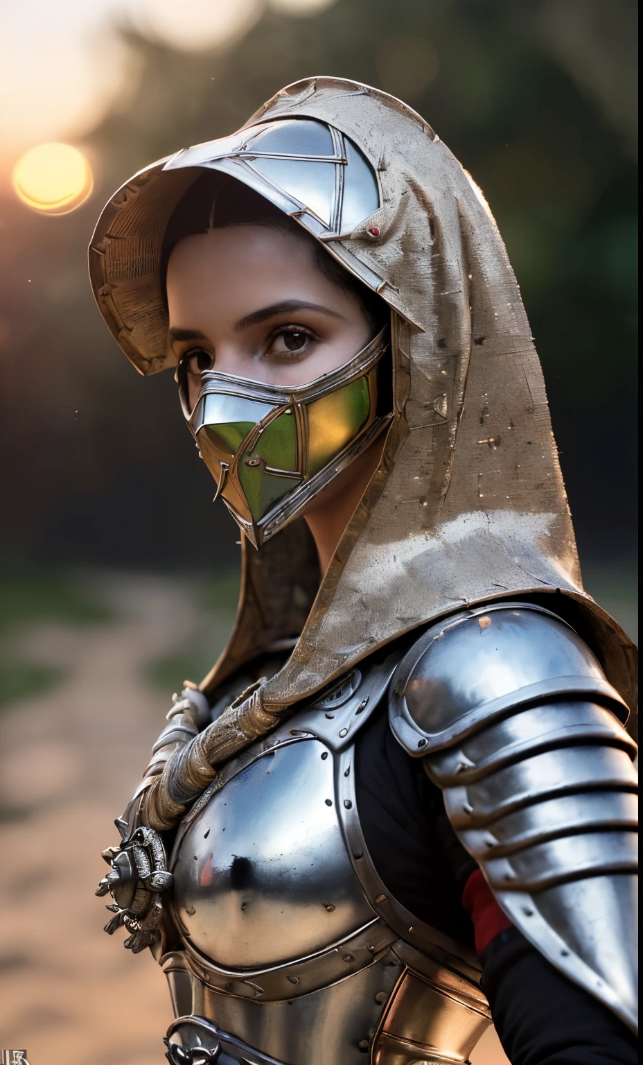 (obra de arte), (extremamente complexo:1.3), (Realista), retrato de uma , a mais bonita do mundo, (armadura medieval), metallic reflections, tronco, ao ar livre, luz solar intensa, castelo distante, fotografia profissional de uma mulher deslumbrante detalhada, sharp focus, Dramatic, premiado, Cinematic lighting, octano render motor irreal, volumetric dtx, (film grain, fundo desfocado, primeiro plano desfocado, bokeh, profundidade de campo, sunset, desfoque de movimento:1.3), cota de malha