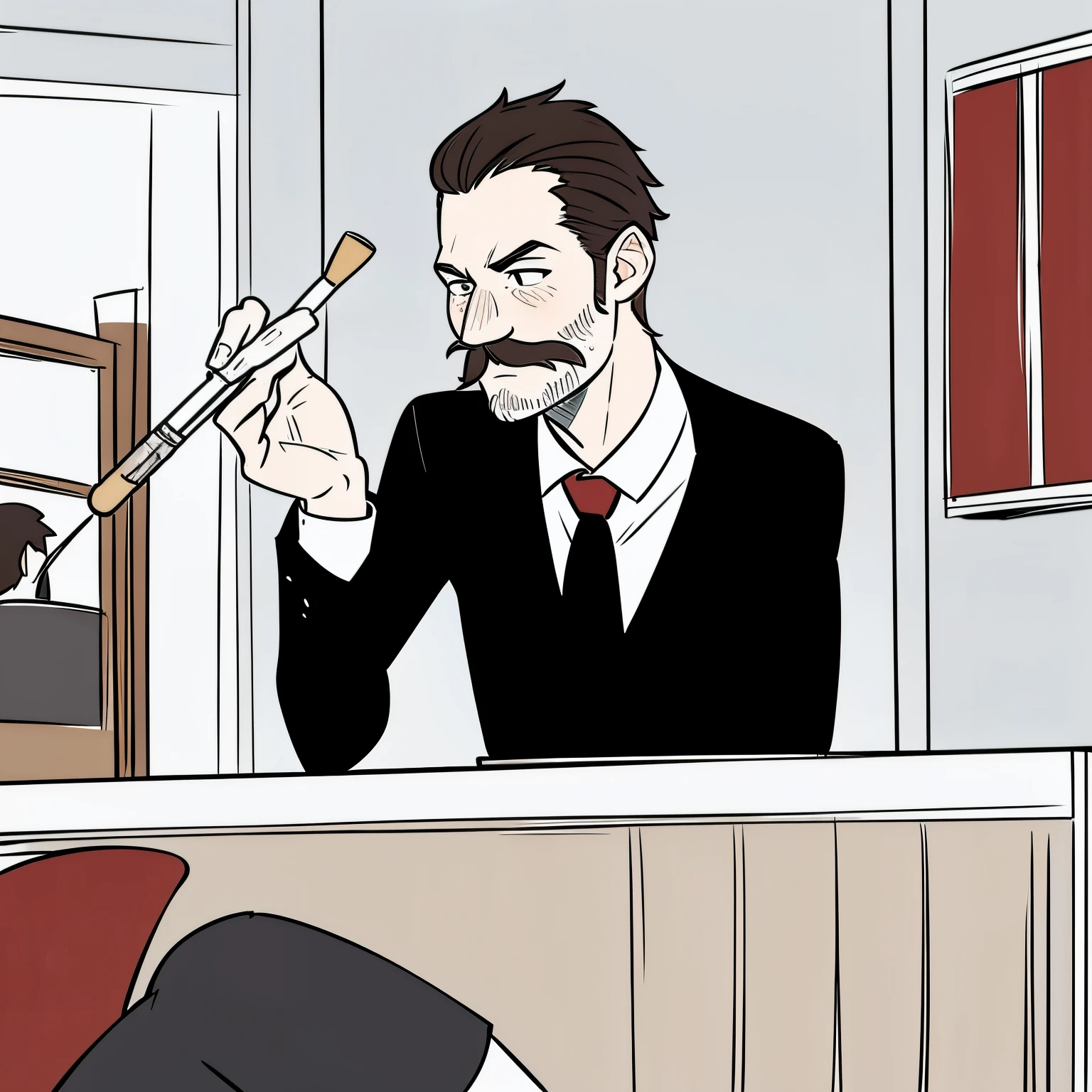 German man in his 40s with combed over brown hair with a painter's brush mustache wearing a black suit, white shirt and red tie in a office sitting