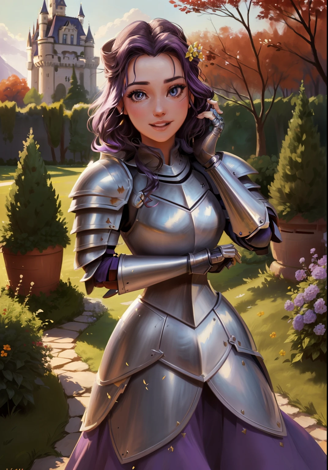 (BelleWaifu:1), (knight's armor:1.5), the garden in the background, surprised, cute, cute pose, (flirting), looking at the viewer, (square hairstyle), (purple hair), (red skirt:1.2), (Purple fluffy armor on a naked body:1.2), :D, (realistic: 1), (cartoon), (masterpiece: 1.2), (best quality), (over-detailed), (8k, 4k, intricate), (full-length shot: 1), (cowboy shot: 1.2), (85mm), light particles, lighting, (very detailed: 1.2), (detailed face: 1.2), (gradients), sfw, colorful, (detailed eyes: 1.2), (detailed landscape, trees, garden, castle:1.2),(detailed background), detailed landscape, (dynamic angle:1.2), (dynamic pose:1.2), (rule third_composition:1.3), (line of action:1.2), wide view, daylight, solo