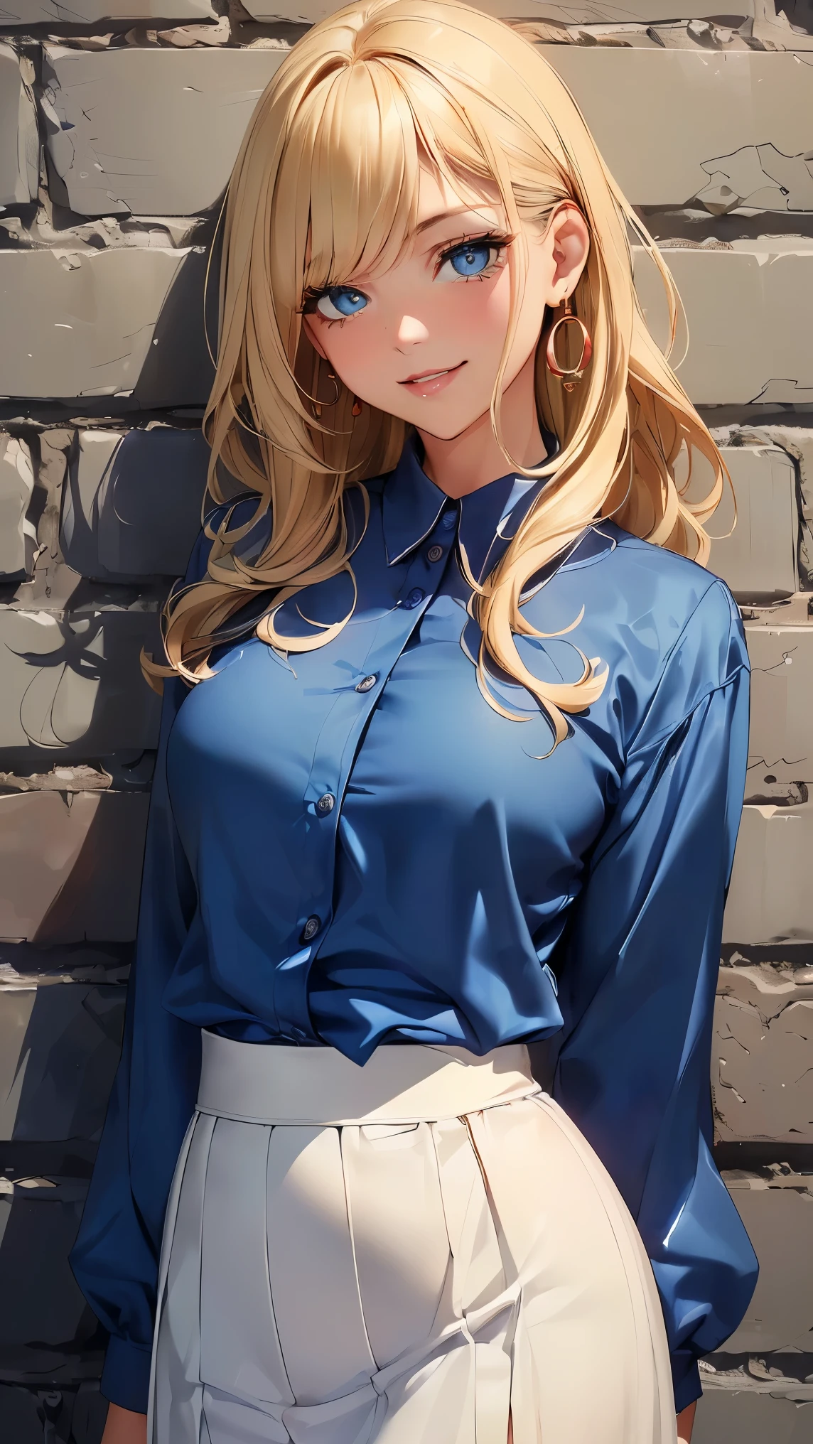 (8k, RAW photo, 最high quality, masterpiece:1.2), High-definition RAW color photo, Professional photo shoot, cinematic light, alone, (((young woman))), (detailed expression), (round eyes), (small face), (high detail skin:1.2), clavicle, cute face, beautiful appearance, long eyelashes, beautiful chest line:1.5, (blonde, wavy hair, Hide one eye with bangs, blue eyes), (red earrings), (slim body shape:1.4, A woman with a slender figure and big breasts), very detailed顔と肌の質感, fine eyes, double eyelid, (((Fun time, smile))), ((facing the front:1.2)), ((photo shootのためポーズをとる, sexy pose)), (In front of a concrete wall:1.5), Joy and excitement, (((blue taffeta volume blouse_Plenty of gathers, white maxi skirt), ((photo shoot, whole body)), Stand in a pose:1.2, beautiful skin, shiny skin, perfect fingers, five fingers, anatomically correct, background bokeh, high quality, surreal, bright colors, ((nikon, 135㎜, f/1.8, very detailed, photo shoot)),