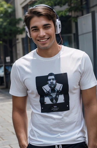 model man listening to music on headphones and smiling just images with shirt standing all over