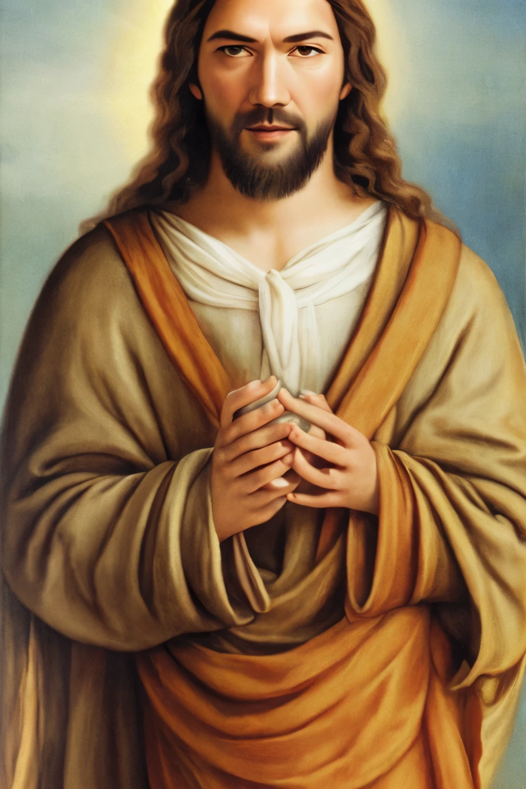 (romanallcoma) Almighty god Jesus christ ( jesus) blessing to the sky 35 years old with a long brown hair and long beard, heaven blessings light with a cross background) happy face, realistic 8k,A beautiful ultra-thin realistic portrait of Jesus, the prophet, a romanallcoma 35 years old Hebrew brunette, short brown hair, real perfect eyes, long brown beard, with, Helping People , wearing long linen tunic closed on the chest part, in front view, full body, biblical, realistic,by Diego Velбzquez,Peter Paul Rubens,Rembrandt,Alex Ross,8k, Concept Art, PhotoRealistic, Realistic, Illustration, Oil Painting, Surrealism, HyperRealistic, helping people , Digital art, style, watercolorReal Jesus flying on sky with a flying cloud in the background, Jesus walking on water, biblical illustration, epic biblical representation, forcing him to flee, coming out of the ocean, ! holding in hand!, disembarking, god of the ocean, beautiful representation, 8k 3D Model, realistic, a 3D Realistic of jesus with a halo in the sky, jesus christ, smiling in heaven, portrait of jesus christ, jesus face, 35 young almighty god, portrait of a heavenly god, greg olsen, gigachad jesus, jesus of nazareth, jesus, the face of god, god looking at me, he is greeting you warmly, he is happy, avatar image