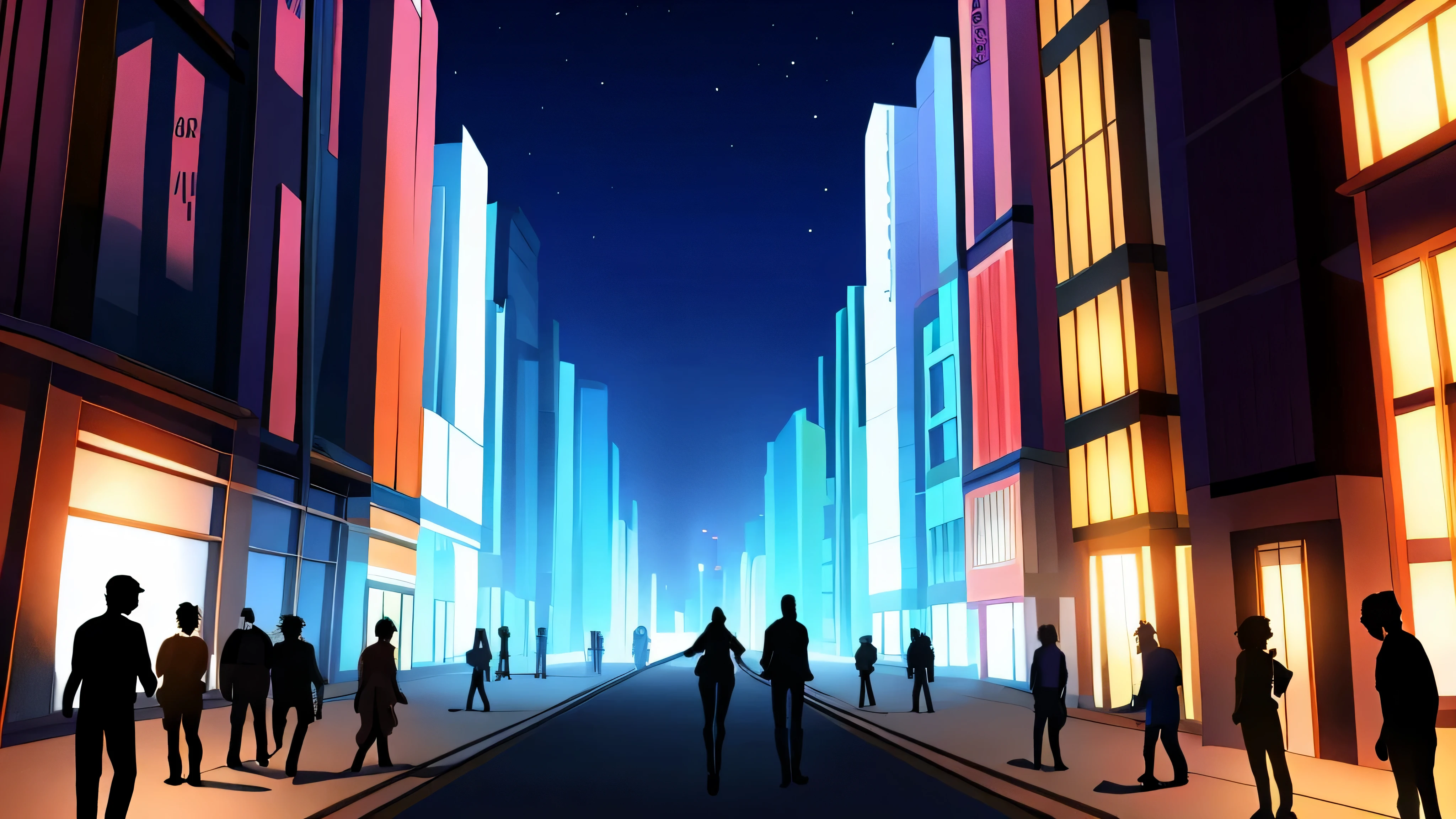 silhouettes of people walking or standing together, facing towards a glowing horizon in a Japanese city