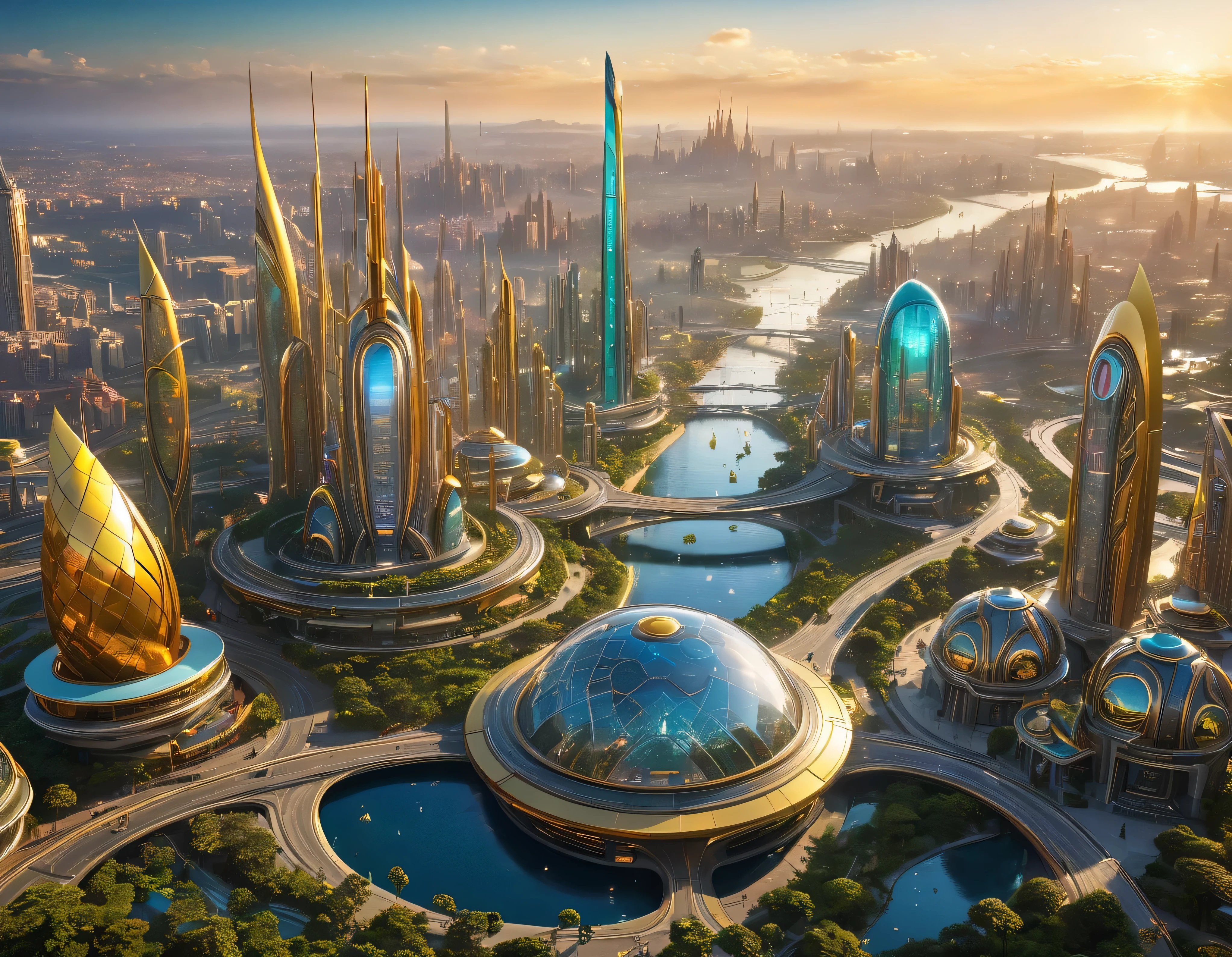 (golden hour lighting), megacity, megalopolis of an imaginary world of science fiction , parecido a una disneylandia futurista, and maximum fantasy, con inmensos edificios y rascacielos ovalados y dodecaedricos agrupados de metal y cristal donde predomina la plata y los anuncios luminosos de colores. imagen bien definida 8k, (intrincados detalles de la maquina), con muchos edificios juntos.(obra maestra de superior calidad).(imagen fotorrealista), nitidez absoluta hasta el fondo