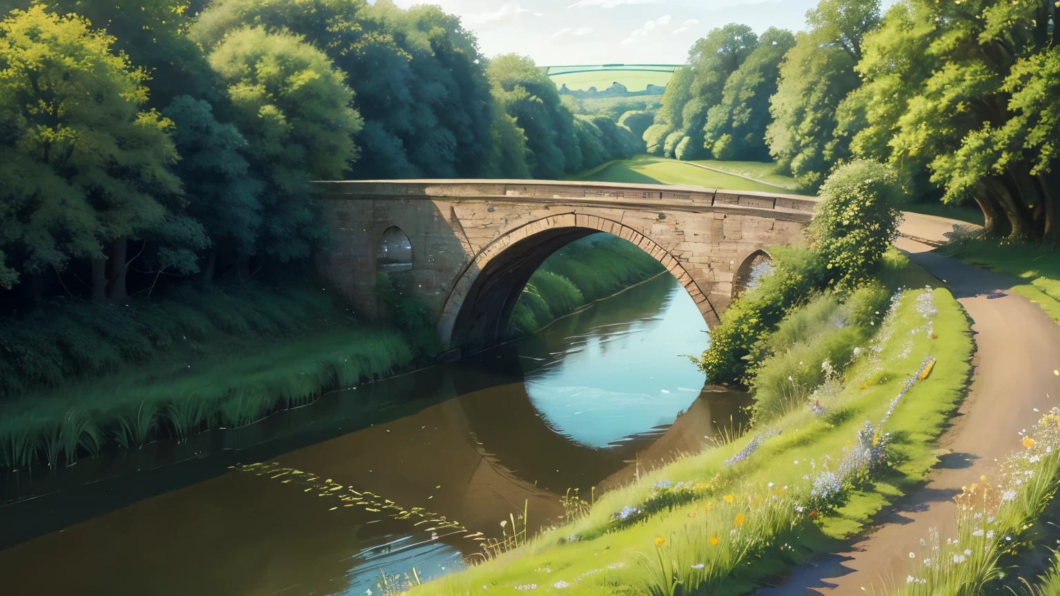 bridge, england, river, fairy, country road, fantasy, fields, plains