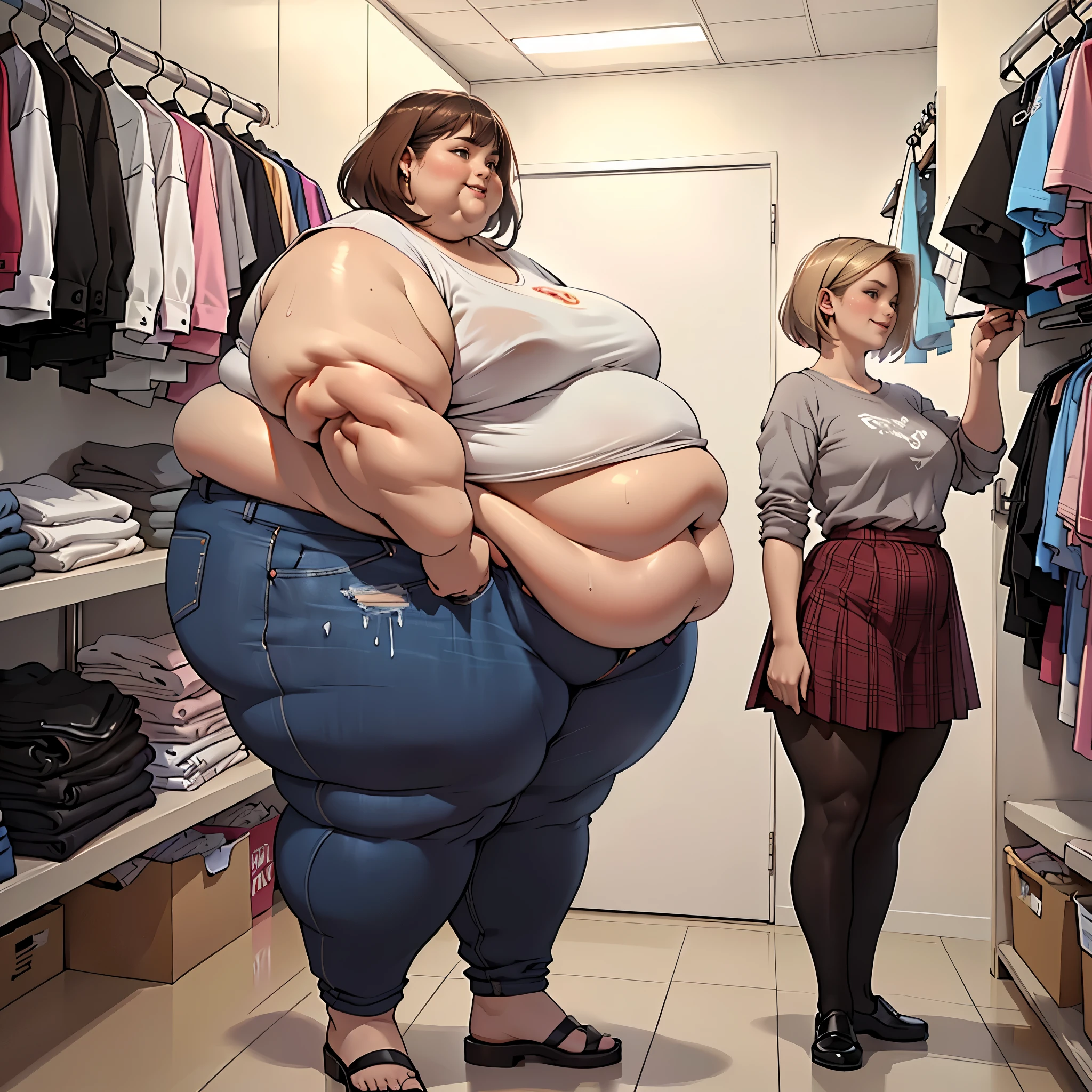 (Masterpiece, best quality, highres, detailed:1.3), (realistic:1.4), (2girls:1.3), (morbidly obese:), (fatblob), (USSBBW), pleased expression, (thin, slender woman:1.3), jealous expression, changing rooms, hugging, side view
