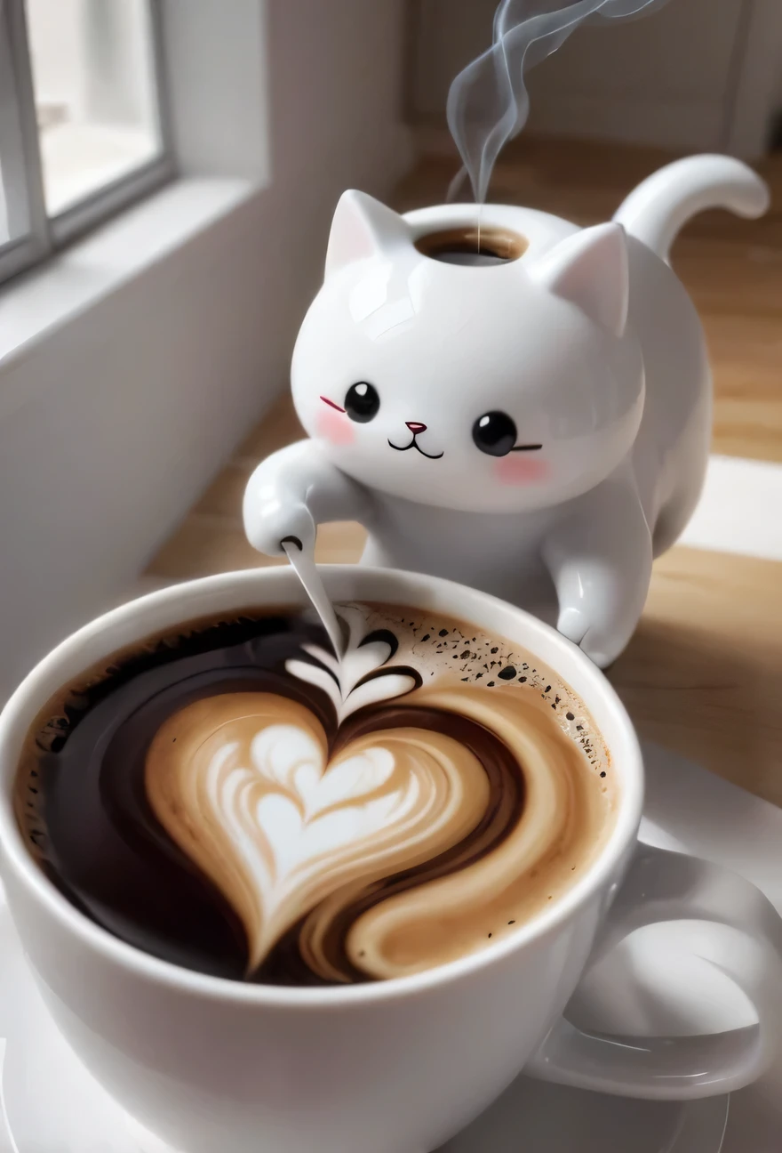 (masterpiece, best quality, high res), Flow in the Name of Love, Quantum Cups of Coffee, Coup de grace, Kawaii, Good Morning, a cat sipping coffee, coffee art, latte art, beautiful, cute 3d render, adorable, detailed, realistic, UHD, 8k