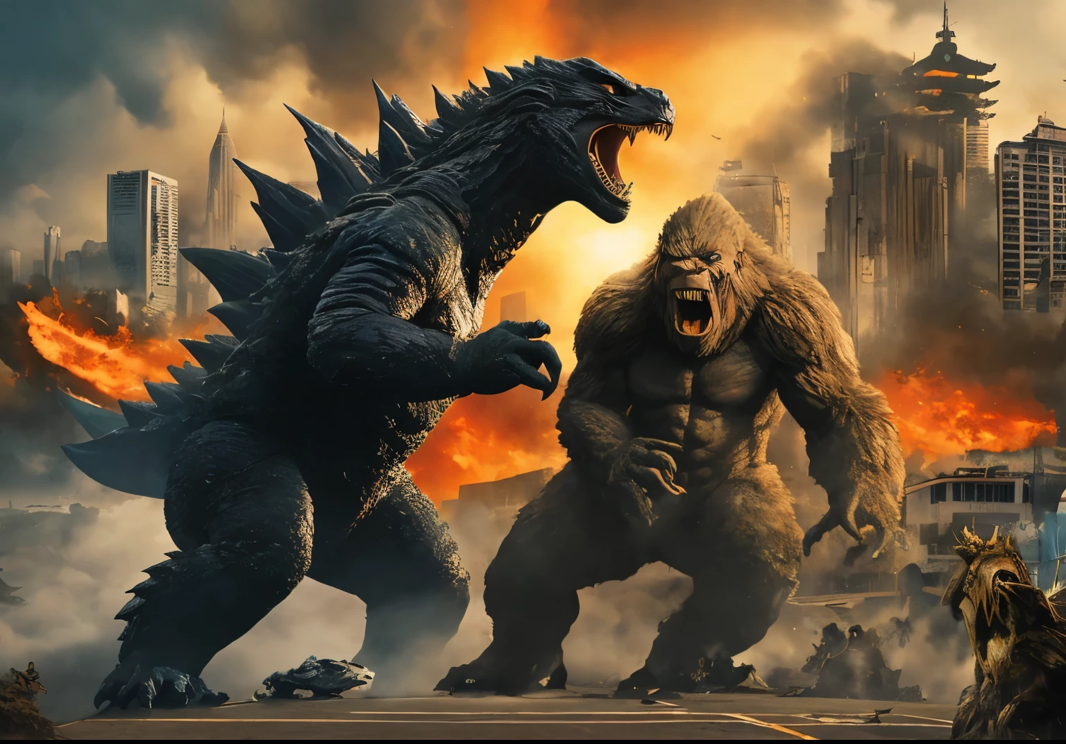 godzilla kong and kong kong kong fight in a city scene, an King Kong rage on street, monster battle, liam neeson versus godzilla, adam and eve versus godzilla, dinosaurs and godzilla, godzilla, King Kong, monster, godzilla vs mechagodzilla, Still from real people, Netflix, monster-eiga, High