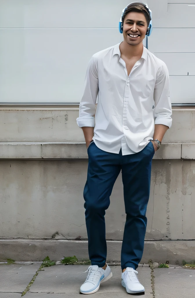 model man listening to music on headphones and smiling only images with shirt standing full length in jpg format