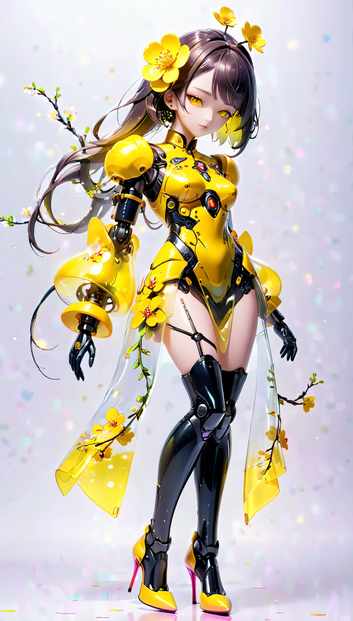 (Blind Box Spielzeug Stil:1.2),full body, solo,white background,(A female robot in a transparent yellow Sunflower dress, wearing gloves and high heels),(Chinese color,Very colorful), Cyberpunk, Dreamy Glow, Luminous neon lamp, 3D