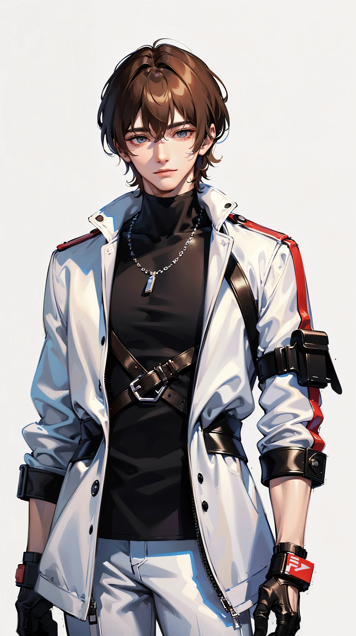 一个现代handsome哥,male star,artist,25-year-old man,brown hair,gray eyes,超short hair,No bangs,Show forehead,young man,No bangs,dynamic hair,delicate face,Bright Eyes,jewel eyes, Extremely detailed eyes, Handsome,handsome,White skin,individual照,full-body shot,handsome哥,handsome face,masterpiece,high-definition,Masterpiece,sense of fragmentation,A beautiful man,exquisite eyes,Delicately sculpted hair,Rich in details,standing in front of a white background,handsome哥,juvenile,dark brown hair,short hair,handsome face,Handsome,handsome,超级handsome哥,White skin,fair complexion,handsome哥,handsome face,Beautiful face,reflective hair,Shiny hair,Photos of upper body from thighs up,现代都市handsome哥,Modern clothes,fashionable attire,white trench coat,gray sweater,Knitted sweaters,turtleneck sweater,white pants,cool,trend,Handsome,upright,stand,front,Shoulders level,gentle,Smile,Look straight ahead,eye level,individual,4k, ((masterpiece)),((best quality)),((high detail)),((actual,)) ((best quality)), ((masterpiece)), ((actual)),high resolution, ((intricate details)), Very detailed,masterpiece, best quality, (Very detailed CG unity 8k wallpaper), (best quality), (Best Illustration), (Best shadows),Ray tracing, Very detailed,background is white,Wearing wristbands,protective gear,straps,Wearing a silver necklace,There are sequins on the clothes,mercenary