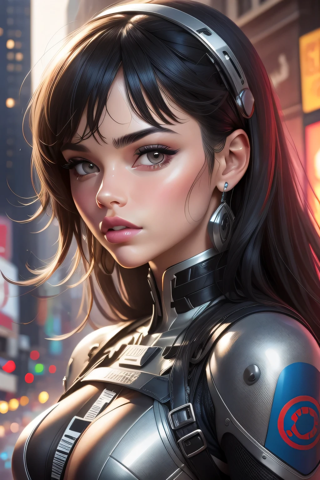 Hailee Steinfeld and Camila Cabello faces, Jennifer Lopez body, robotic arms, robotic eyes, (best quality, 4k, highres, masterpiece:1.2), ultra-detailed, (realistic, photorealistic:1.37), detailed eyes, detailed lips, long eyelashes, 2 girls, elegant poses, vibrant colors, concept art style, warm color tones, soft and natural lighting, in New York City