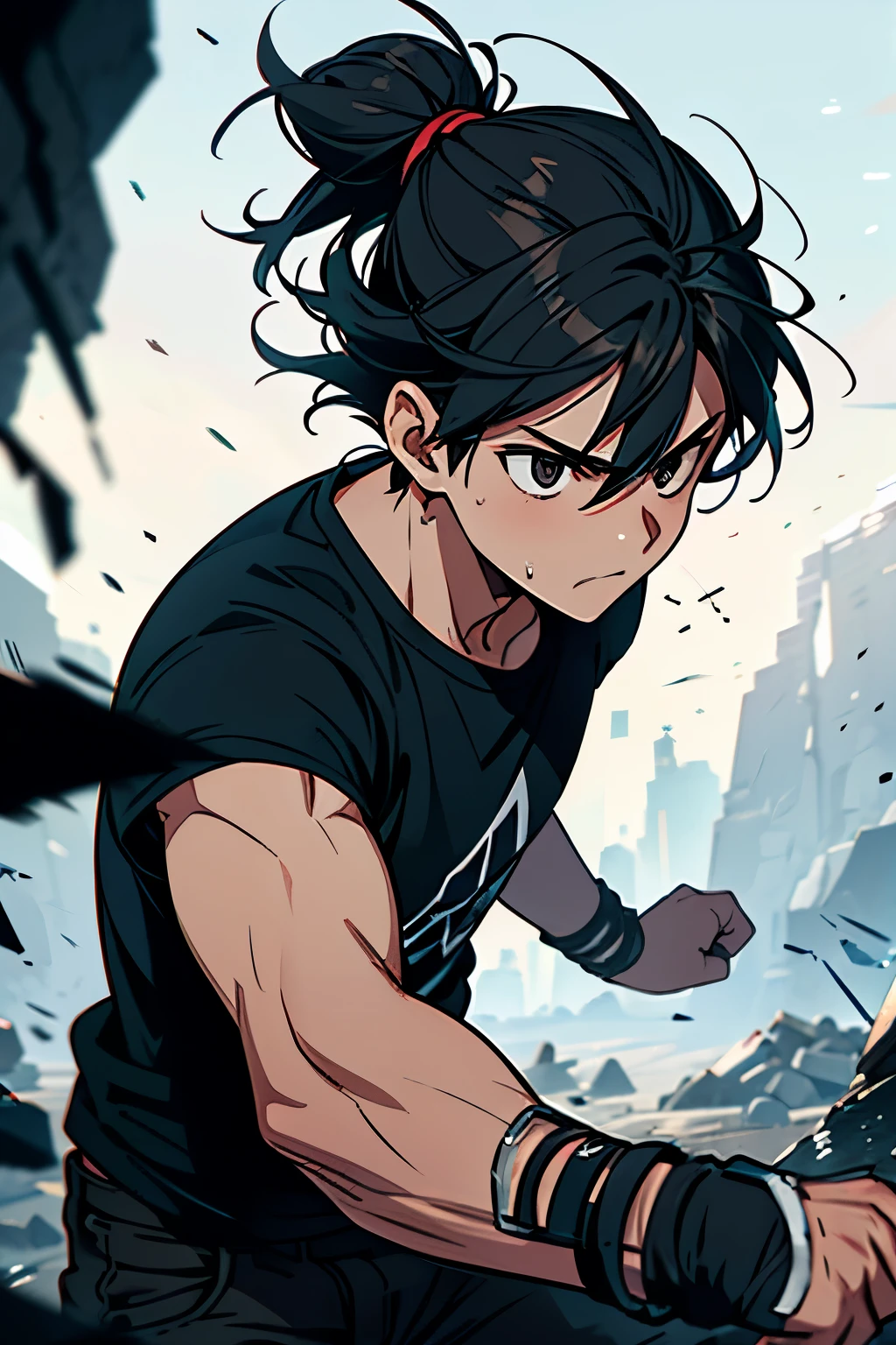 Boy and black hair tied into a bun, black eyes, torn black t-shirt, brown pants, bloody, full of damage to the body, expression of hatred, full of ice crystals around, ice powers, environment with ice crystals, about to enter combat.
