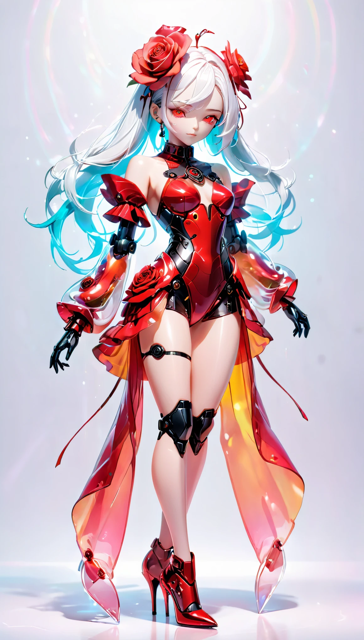 (Blind Box Spielzeug Stil:1.2),full body, solo,white background,(A female robot in a transparent red rose dress, wearing gloves and high heels),(Chinese color,Very colorful), Cyberpunk, Dreamy Glow, Luminous neon lamp, 3D