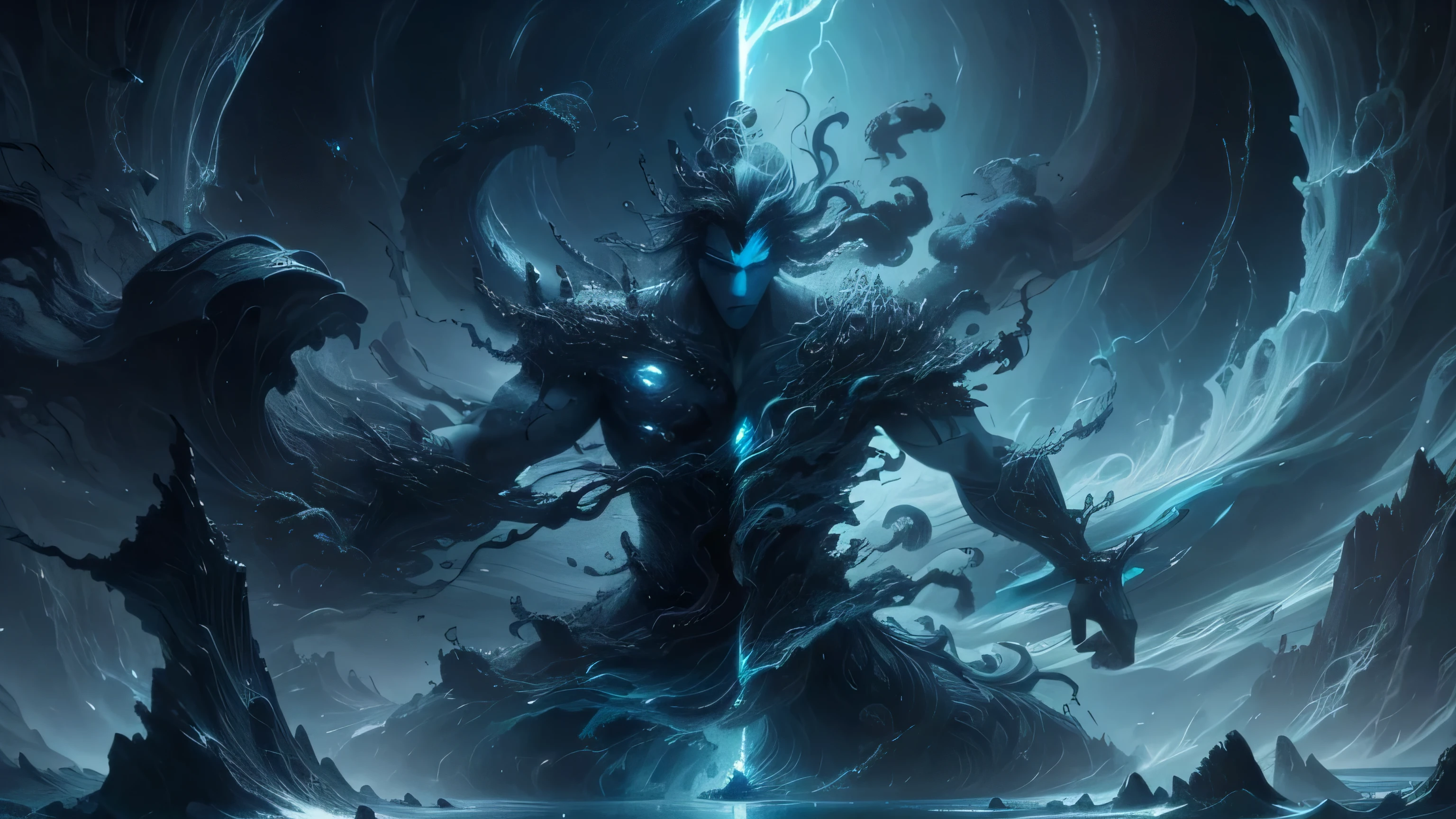 confrontation finale: Orme, roi des eaux, the seas and oceans fight against Melkor (Morgoth). Magnificent and devastated landscape, Des éclairs dans le ciel, chocs violents, Epic battle, combats sanglants, impact sur le terrain, la mort jonche le sol (couleurs réalistes et lumineuses, ultra-detailed, 16k). 