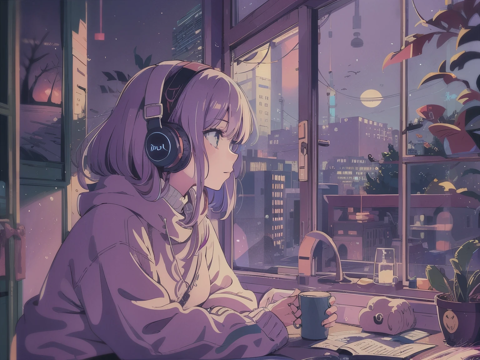 A detailed anime girl, wearing a large sweater, wearing headband headphones, lofi, tranquil, quiet vibes, chilling, in her bedroom looking at the window, night, quiet night, cat, masterpiece, best quality