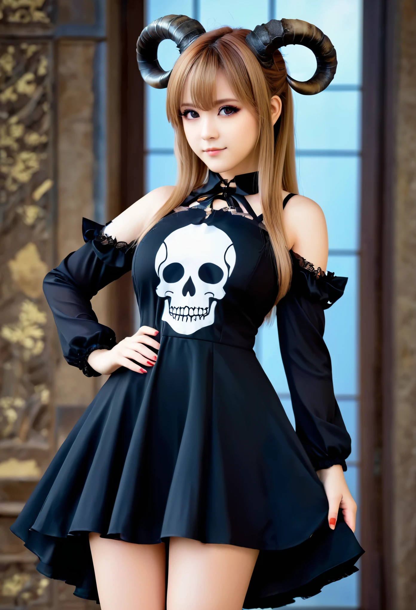 Anime girl with horns and a dress with a skull on it, ((light brown hair))( in dress, gothic maiden anime girl, cute anime waifu in a nice dress, anime moe artstyle, anime girl wearing a black dress, nightcore, (anime girl), anime style 4 k, little curvy , high quality anime art style, anime girls, demon anime girls