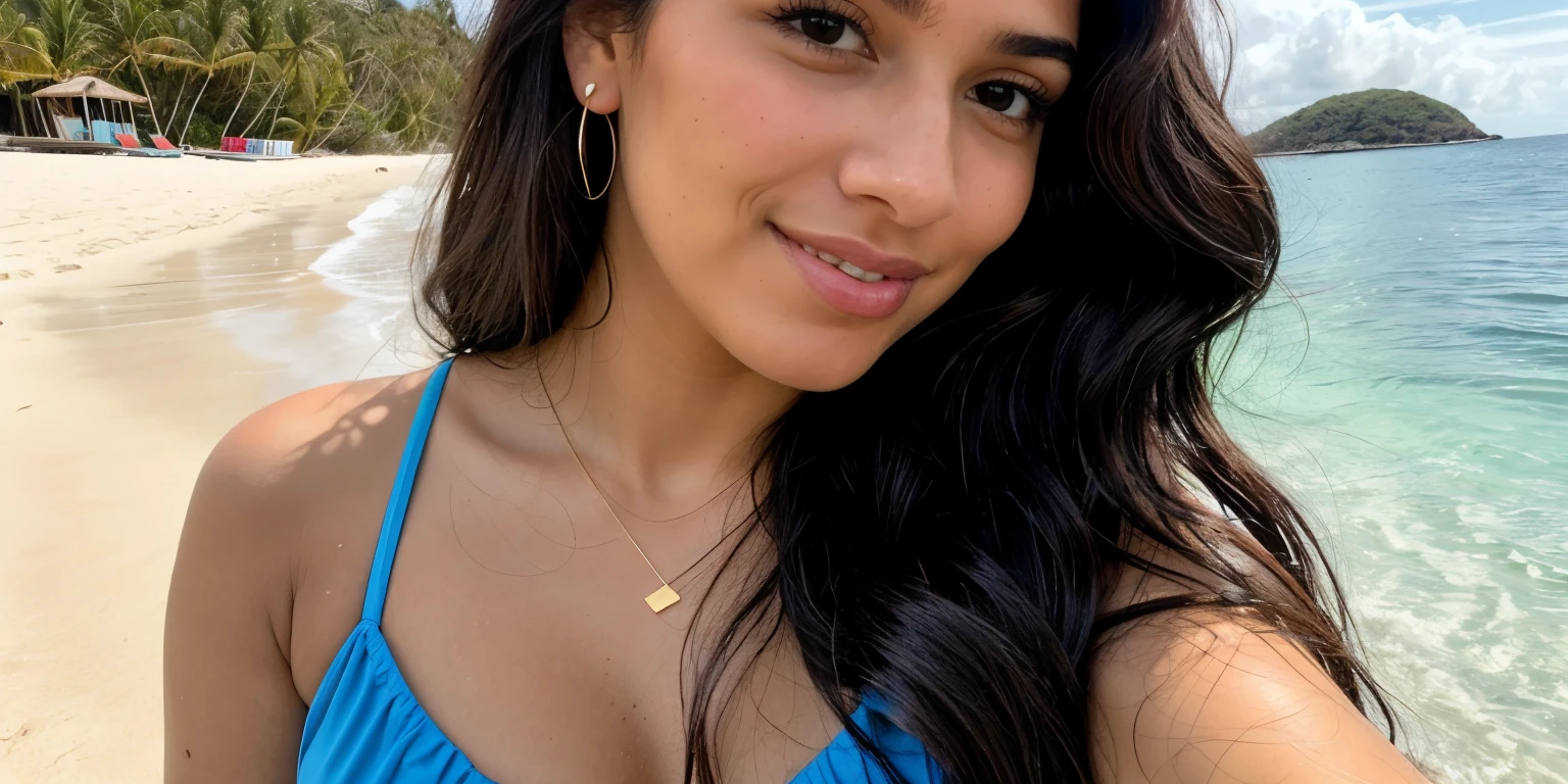 Valentina from Venezuela; Dark brown eyes, jet black wavy hair, olive skin with a sun-kissed glow; Slightly wider and rounded nose, heart-shaped face; Full and expressive lips, naturally thick and arched eyebrows; Radiant and inviting expression; Distinguishing features include a subtle dimple on her right cheek, Beach, blue sky, blue beach, white sand, looking to the sea, small island in the back